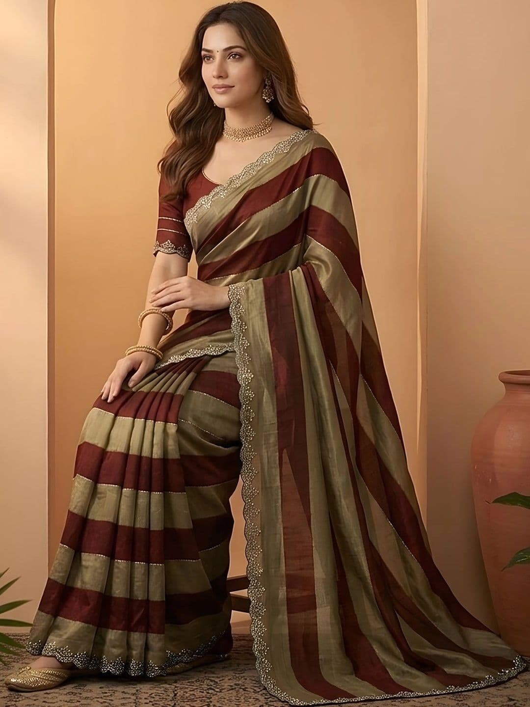 Mitera Striped Beads and Stones Silk Blend Fusion Saree thumbnail 3