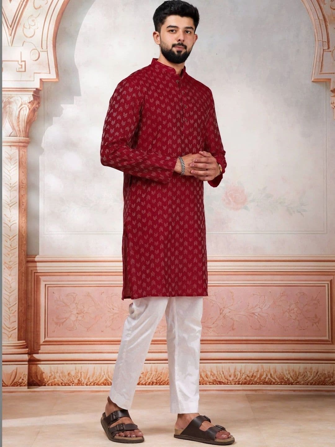 Koshin Geometric Embroidered Mandarin Collar Thread Work Straight Kurta thumbnail 4