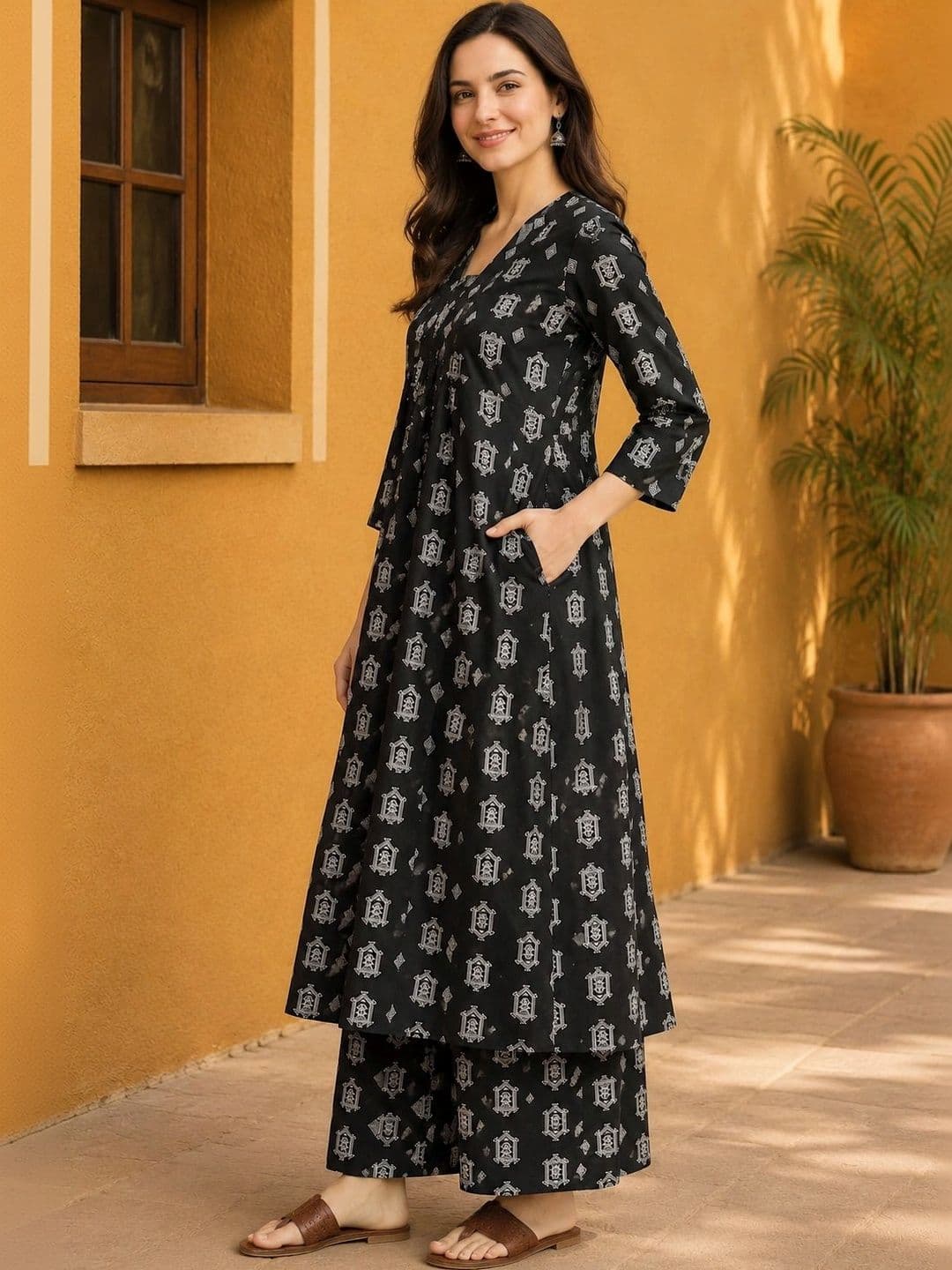 EVANORA Women Ethnic Motifs Printed Empire Kurta with Palazzos thumbnail 2