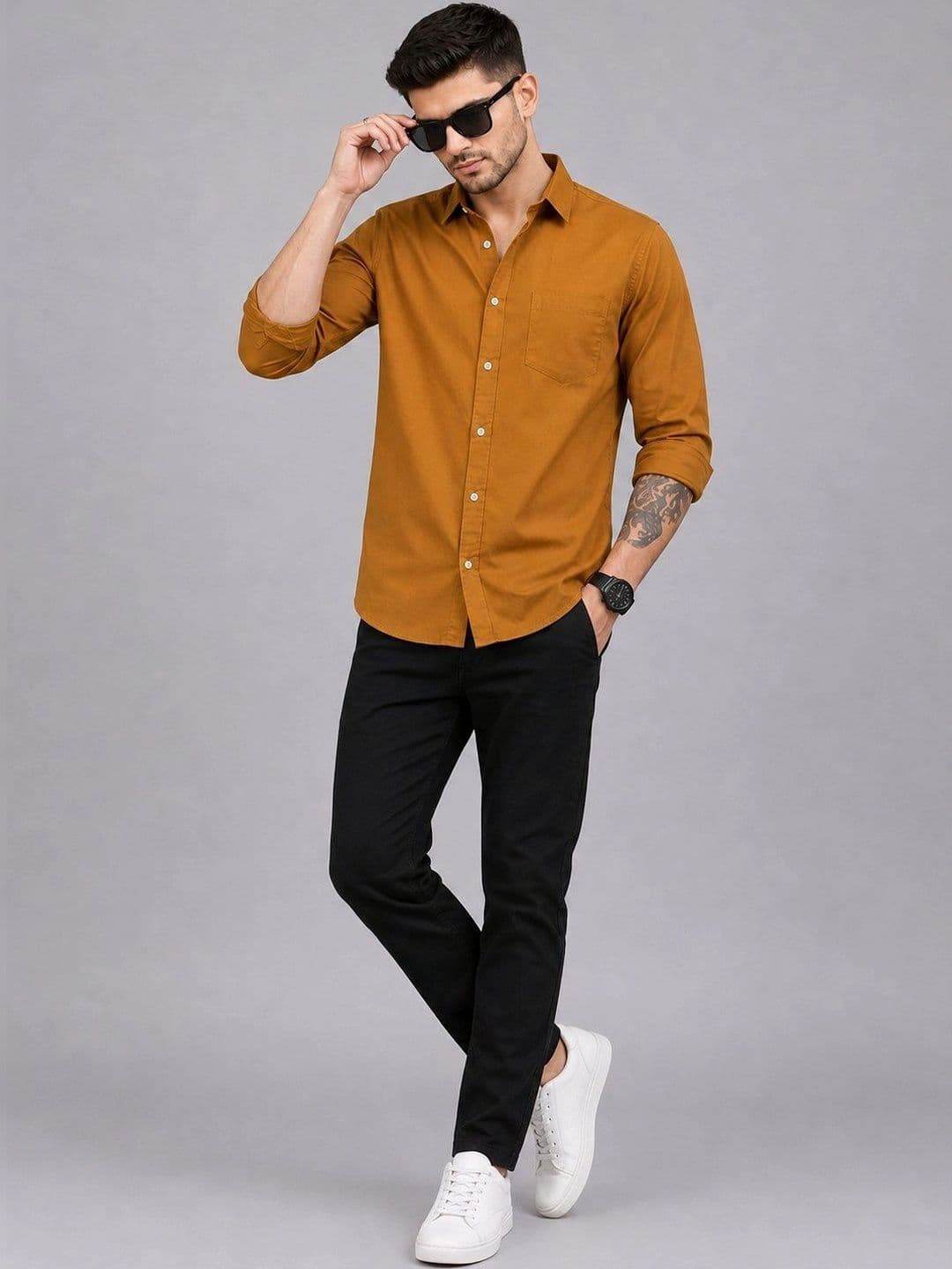 Roadster Men Mustard Solid Regular Fit Spread Collor Casual Shirt thumbnail 5