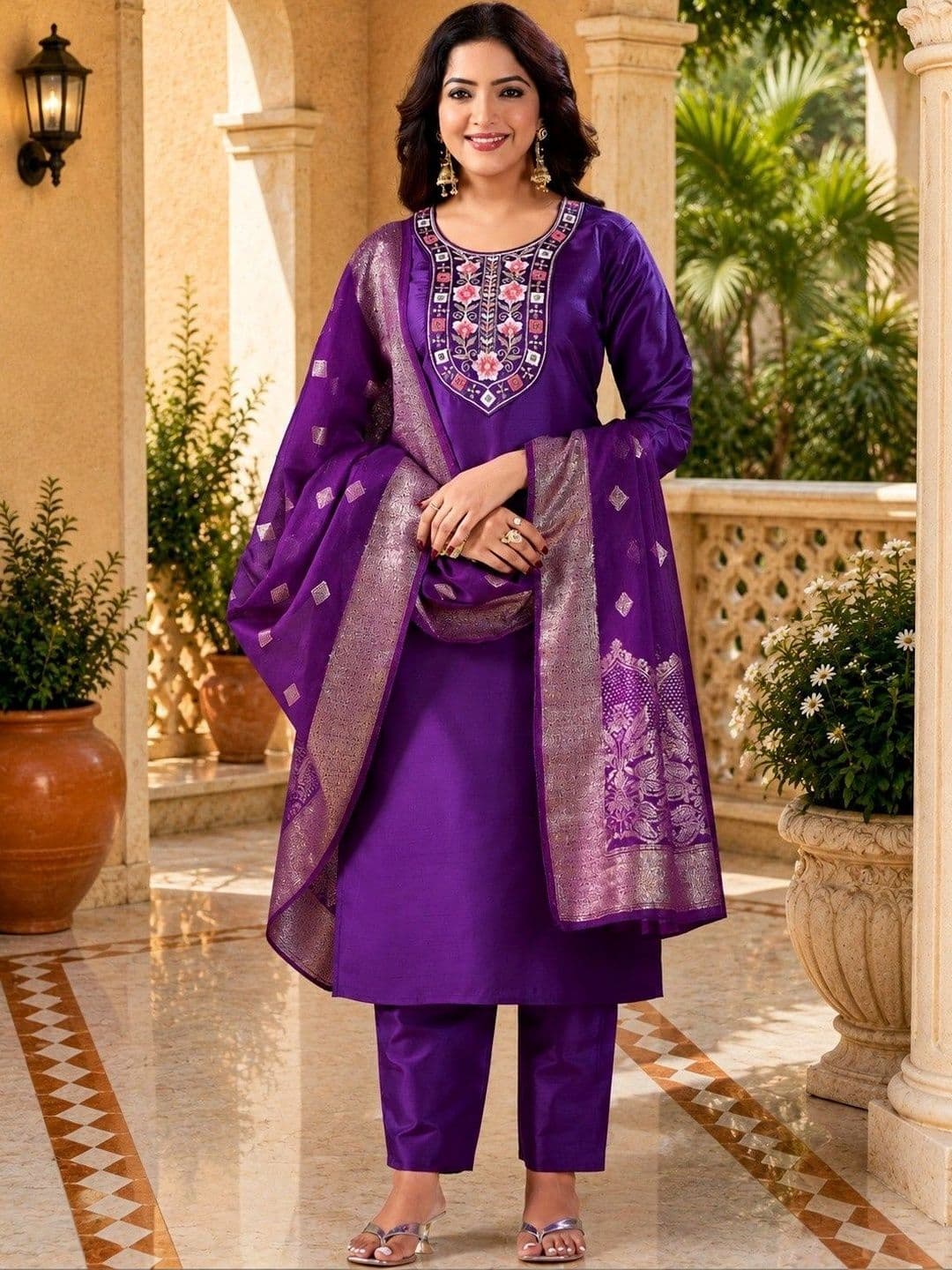 Klotden Women Ethnic Motifs Embroidered Regular Thread Work Kurta with Trousers & With Dupatta thumbnail 6