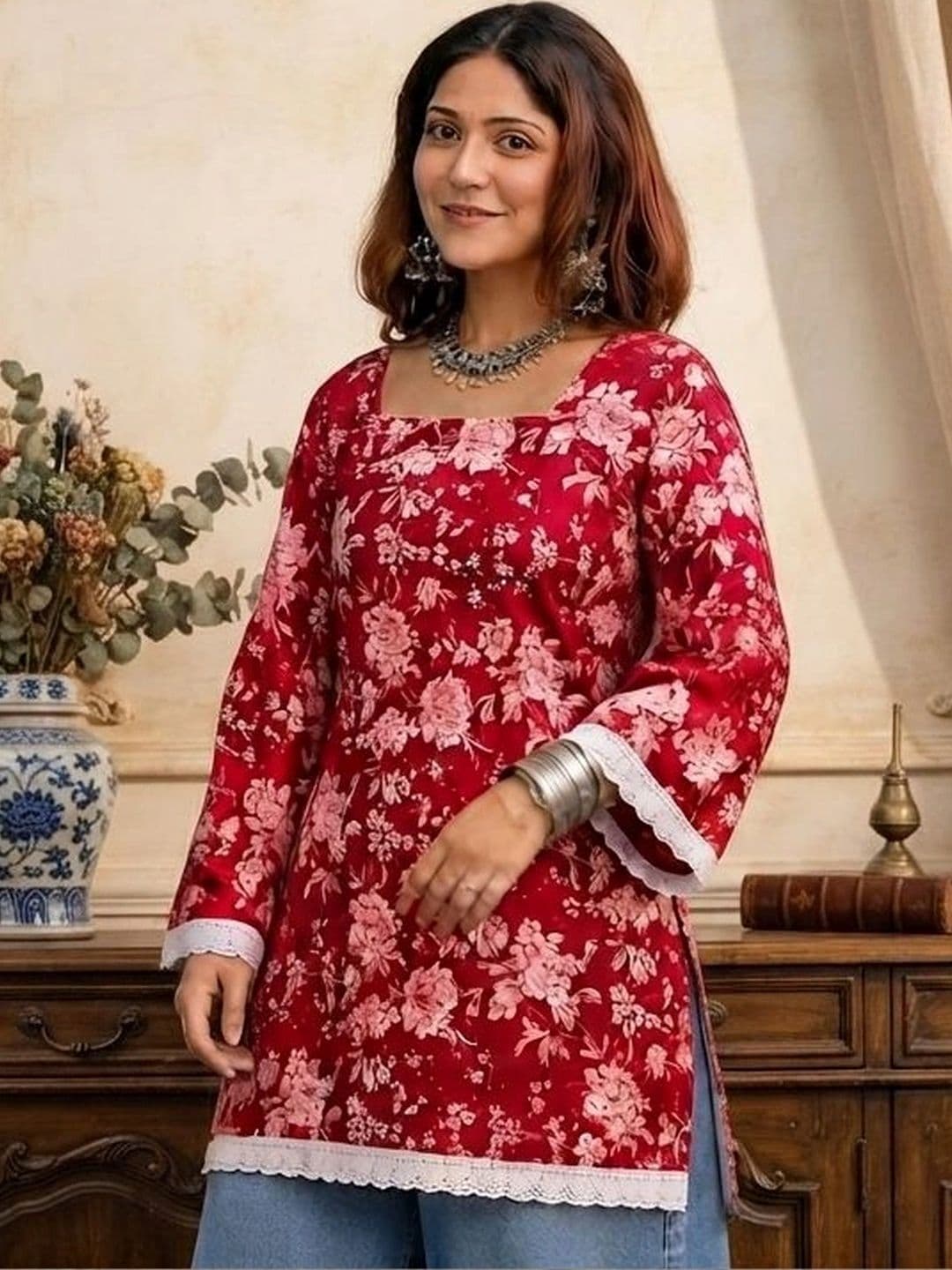 Sangria Floral Printed Square Neck Flared Sleeves Pure Cotton Kurti thumbnail 5