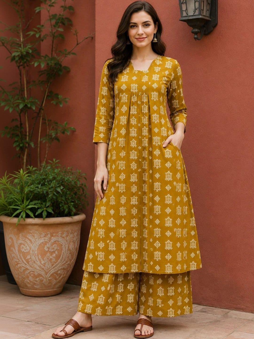 EVANORA Women Ethnic Motifs Printed Empire Kurta with Palazzos thumbnail 5