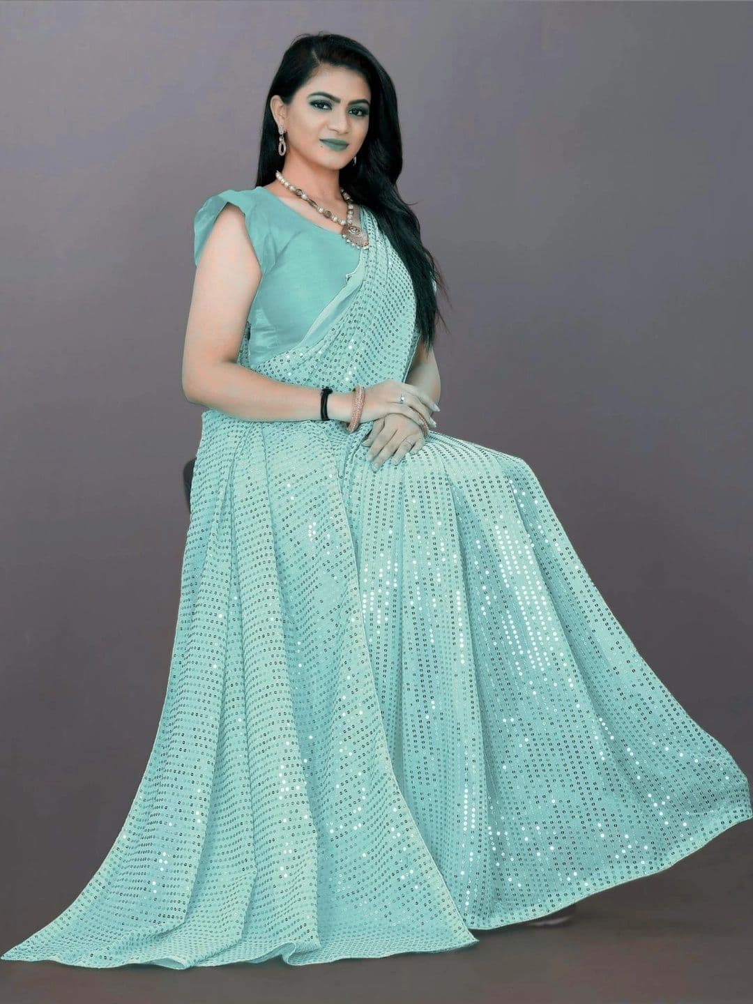 FashionsEye Embellished Sequinned Poly Georgette Designer Saree thumbnail 4