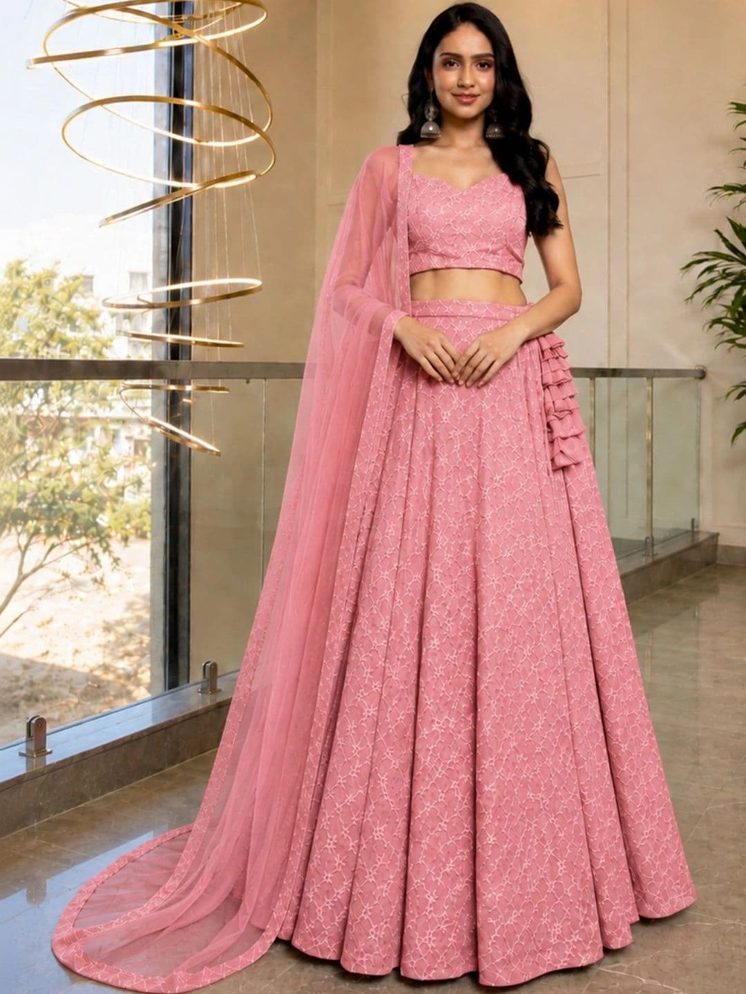 HOUSE OF JAMOTI Embroidered Thread Work Ready to Wear Lehenga & Blouse With Dupatta - view 1