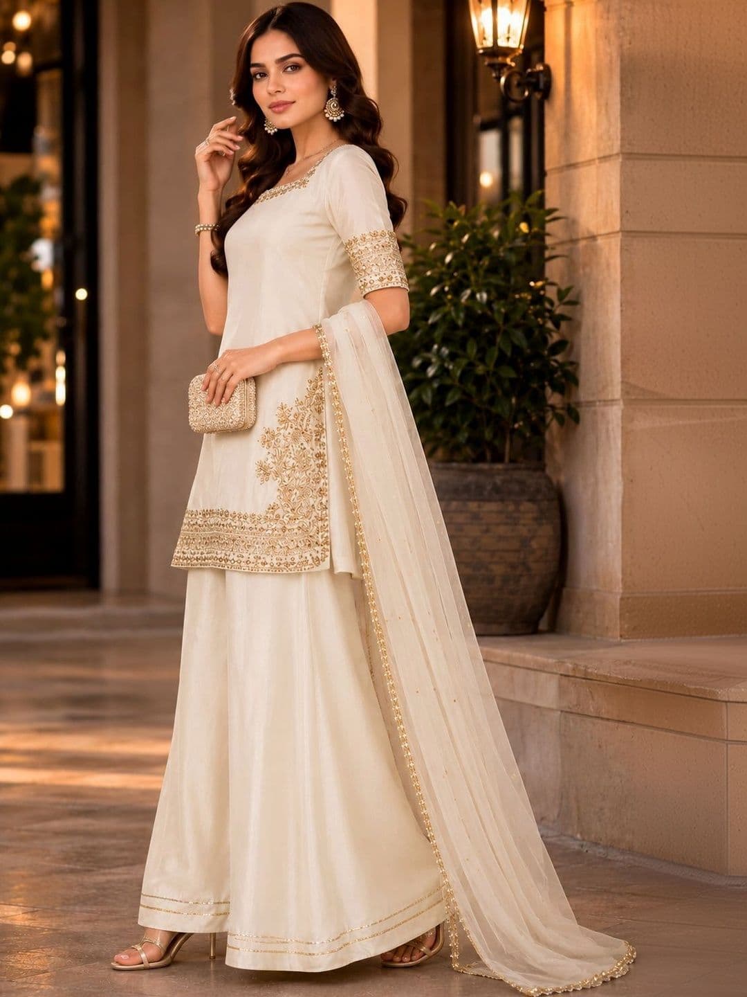 Sangria Women Ethnic Motifs Embroidered Regular Kurta with Palazzos & With Dupatta thumbnail 2