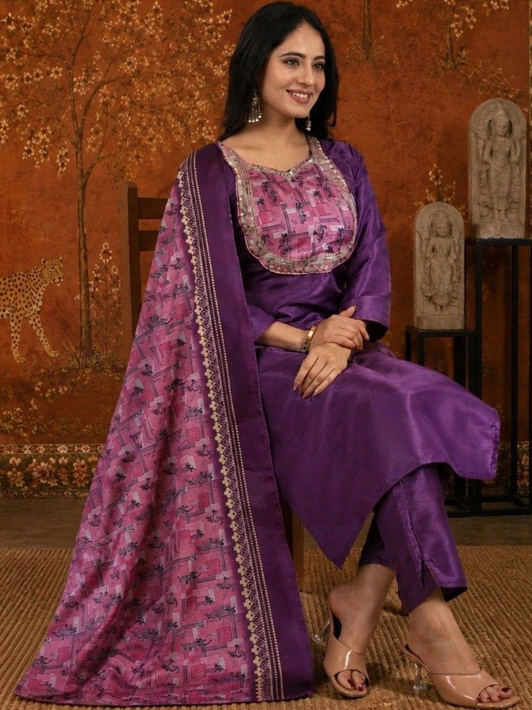 Sangria Women Printed Regular Kurta with Trousers & With Dupatta thumbnail 3