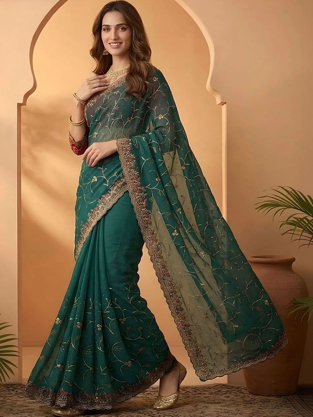 Mitera Floral Embroidered Silk Blend Fusion Saree - view 1