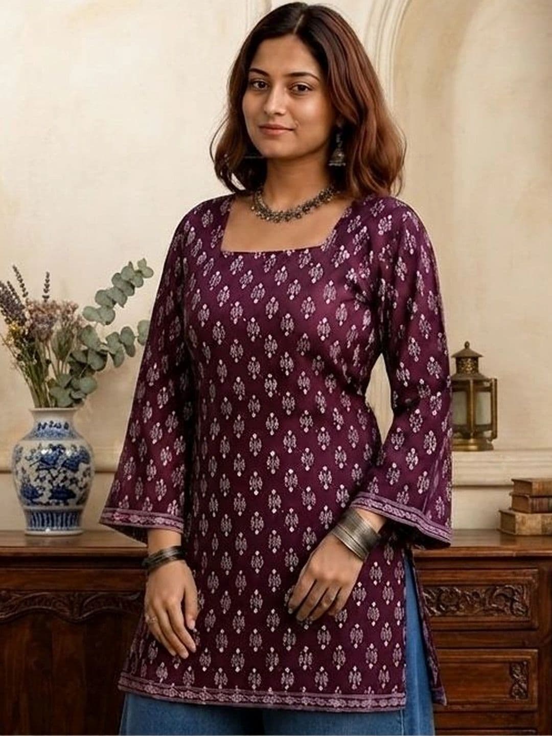 Sangria Ethnic Motifs Printed Square Neck Flared Sleeves Pure Cotton Kurti thumbnail 2