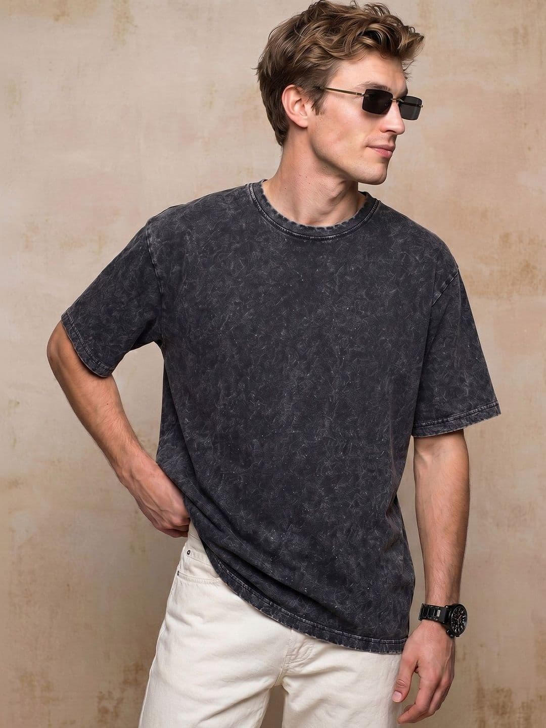 VEIRDO Men Black Acid Wash Printed Drop-Shoulder Sleeves Pure Cotton Oversize T-shirt thumbnail 7