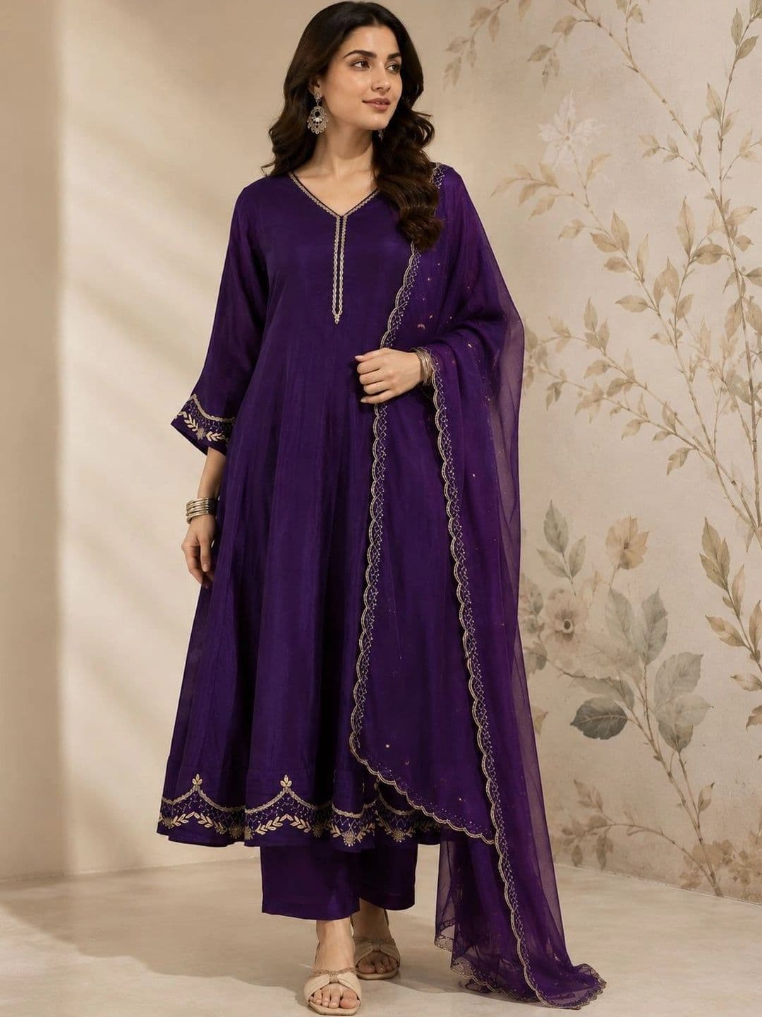 Sangria Women Ethnic Motifs Embroidered Regular Kurta with Trousers & With Dupatta thumbnail 2