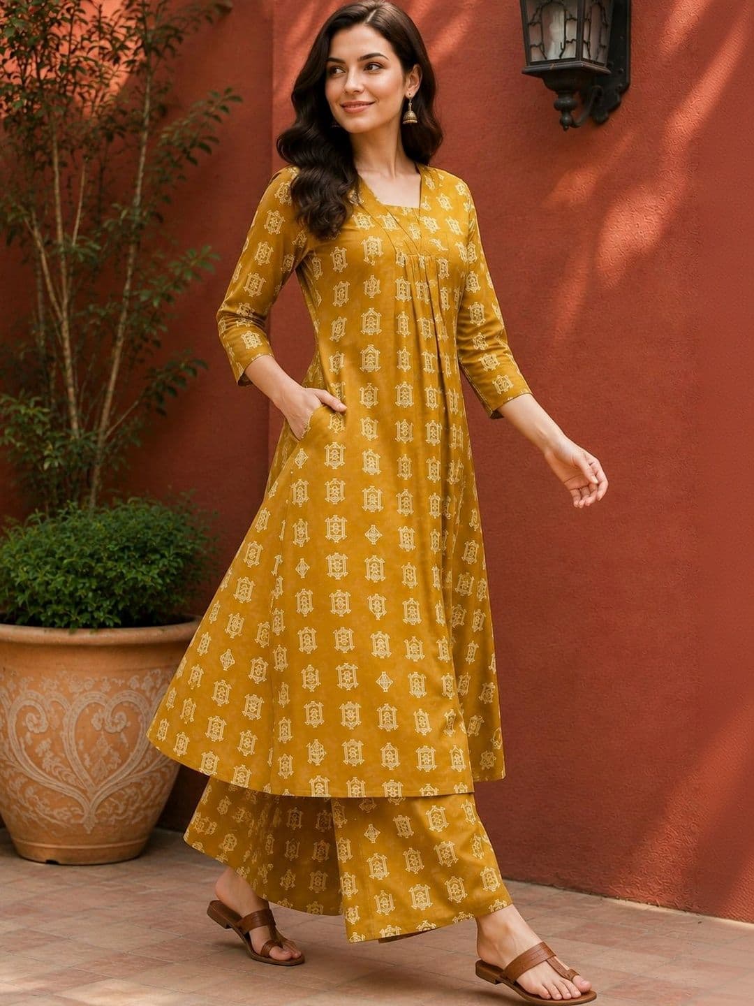EVANORA Women Ethnic Motifs Printed Empire Kurta with Palazzos thumbnail 3