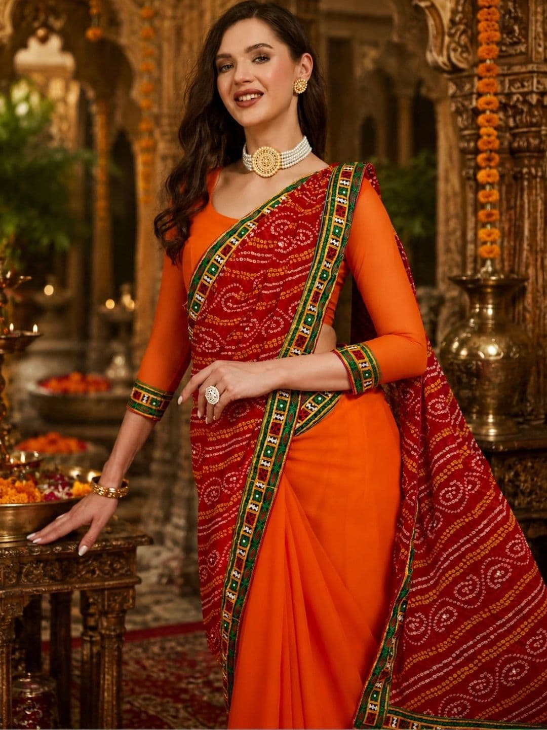 SERONA FABRICS Bandhani Embroidered Poly Georgette Half and Half Bandhani Saree thumbnail 2