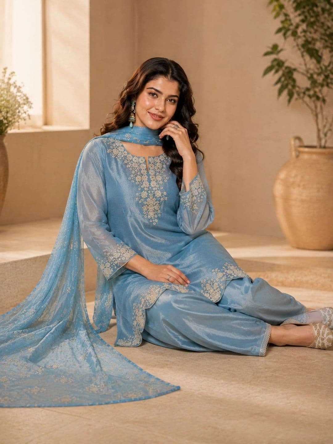 Sangria Women Ethnic Motifs Embroidered Regular Thread Work Kurta with Patiala & With Dupatta thumbnail 2
