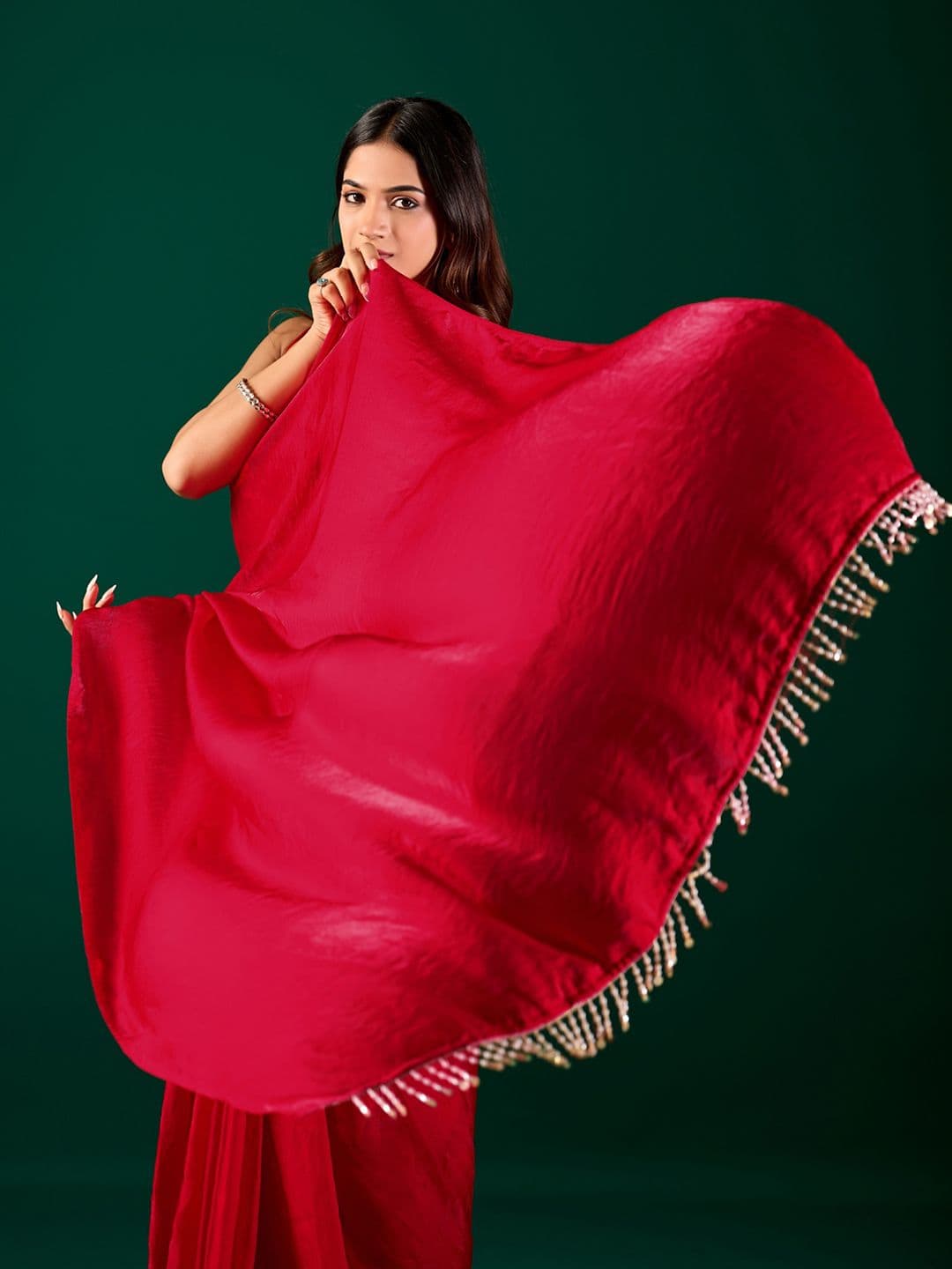house of kk Embellished Beads and Stones Satin Designer Saree thumbnail 4