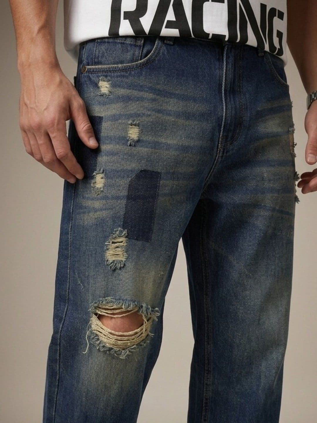 glitchez Men Barrel Fit Highly Distressed Light Fade Stretchable Jeans thumbnail 5