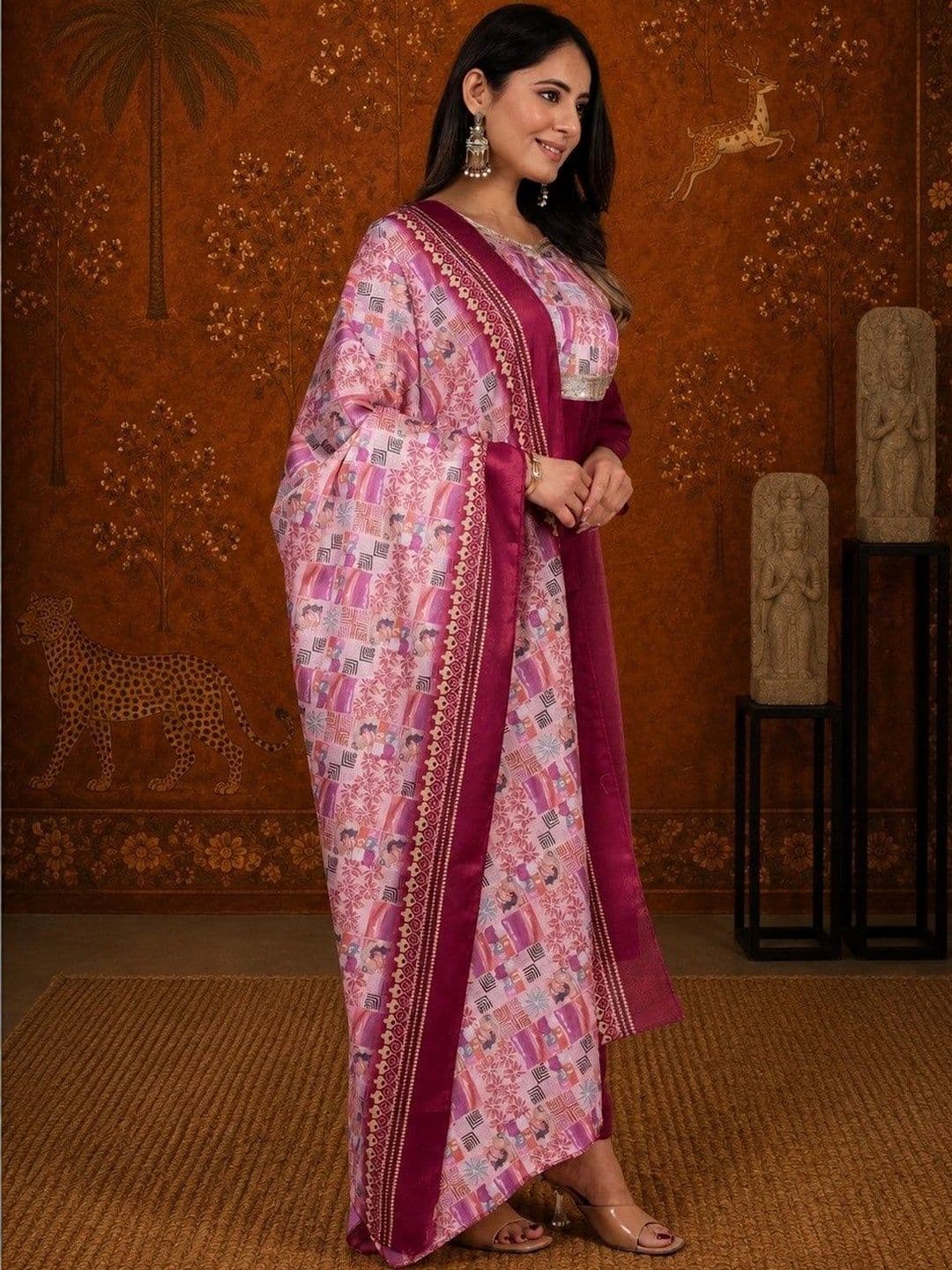 Sangria Women Ethnic Motifs Embroidered Regular Kurta with Trousers & With Dupatta thumbnail 6