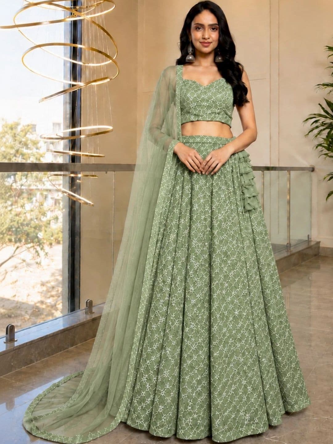HOUSE OF JAMOTI Embroidered Thread Work Ready to Wear Lehenga & Blouse With Dupatta - view 1