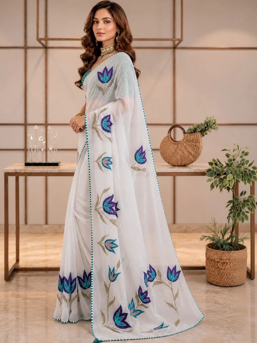 SHRIJAMYAHAM Floral Embroidered Poly Georgette Saree thumbnail 3