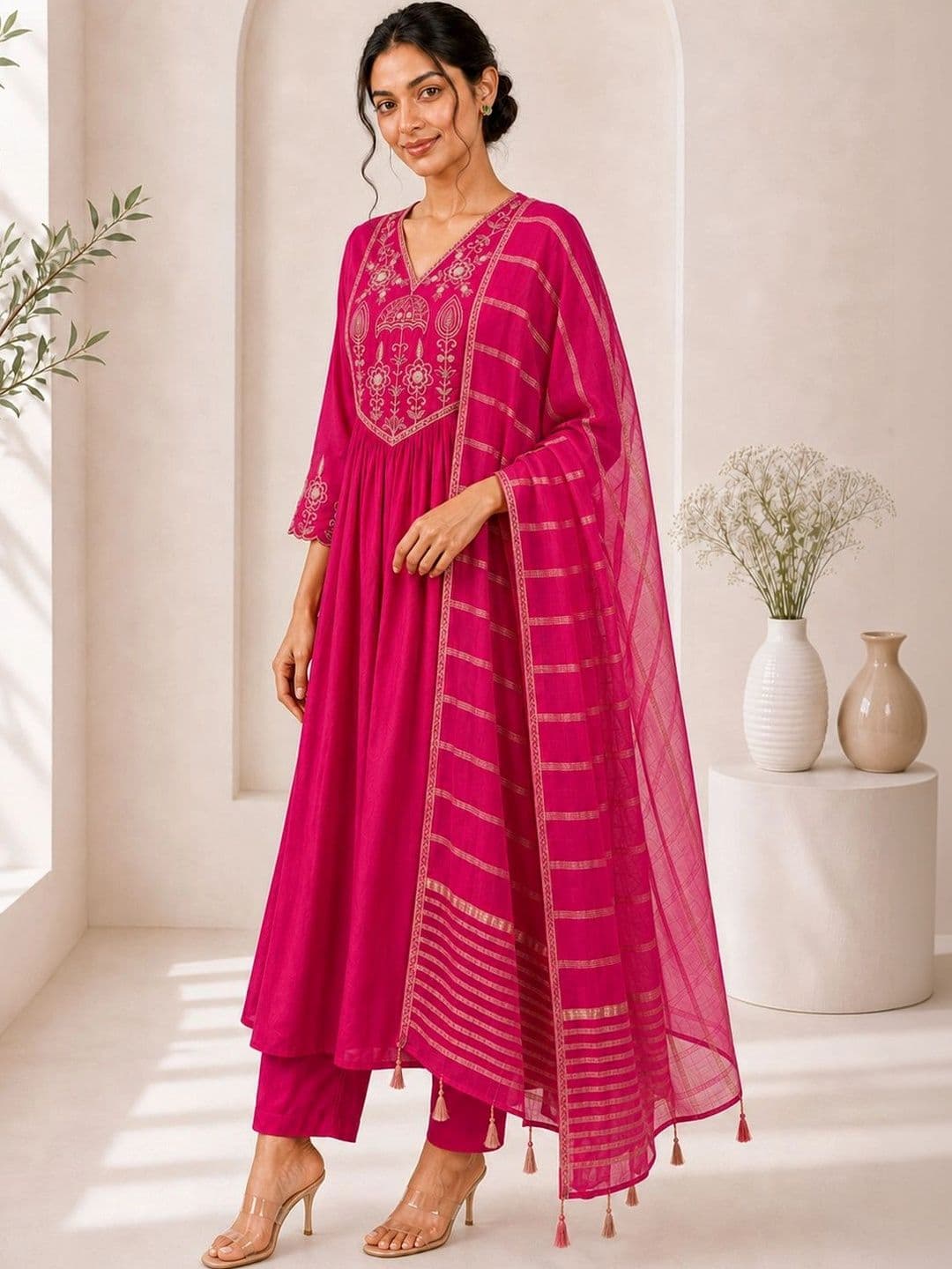 Aumira Women Ethnic Motifs Embroidered Empire Thread Work Kurta with Trousers & With Dupatta thumbnail 3