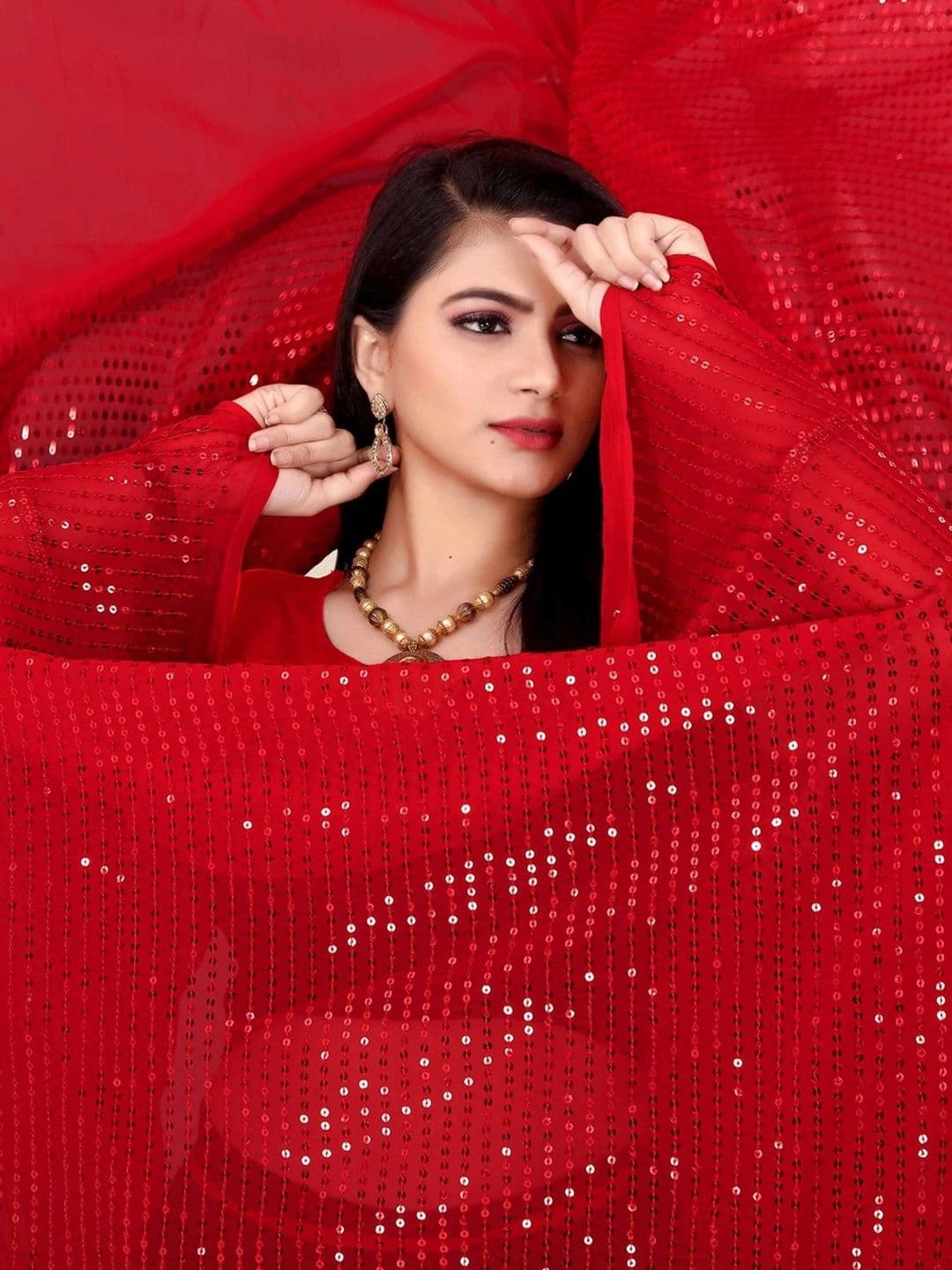 FashionsEye Embellished Sequinned Poly Georgette Designer Saree thumbnail 4