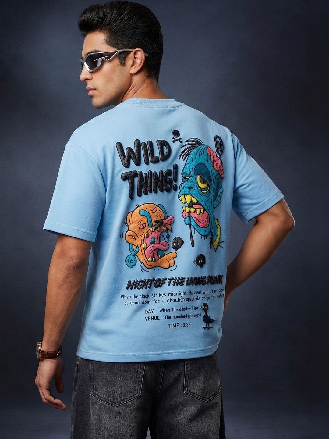 VEIRDO Men Puff Printed Drop-Shoulder Sleeves Pure Cotton Raw Edge T-shirt - view 1