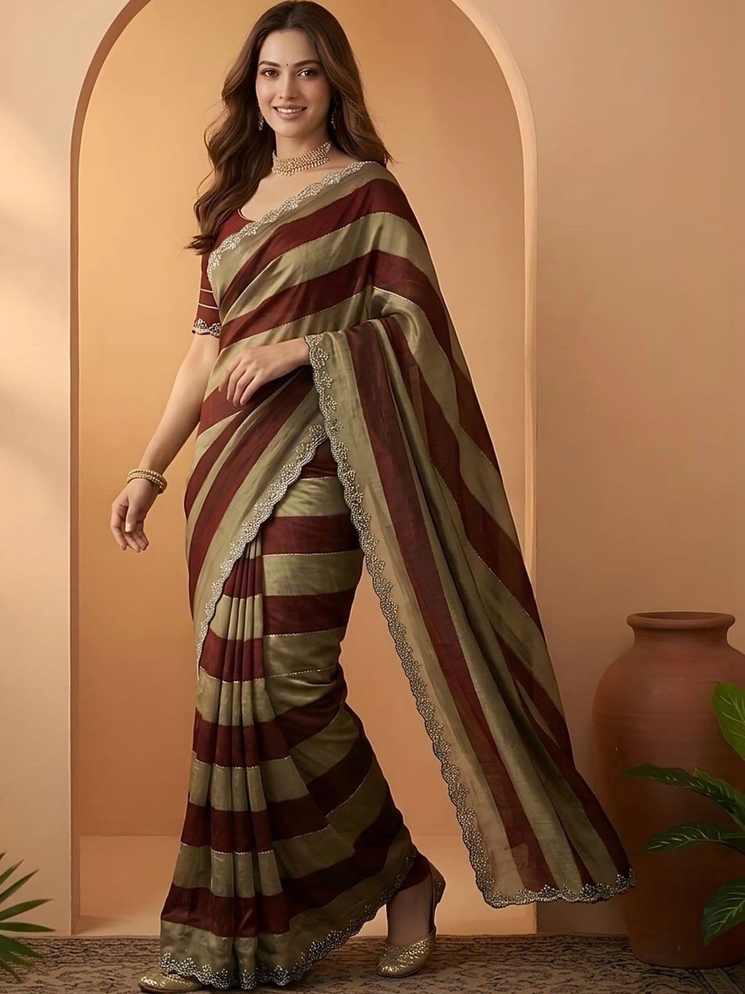 Mitera Striped Beads and Stones Silk Blend Fusion Saree - view 1