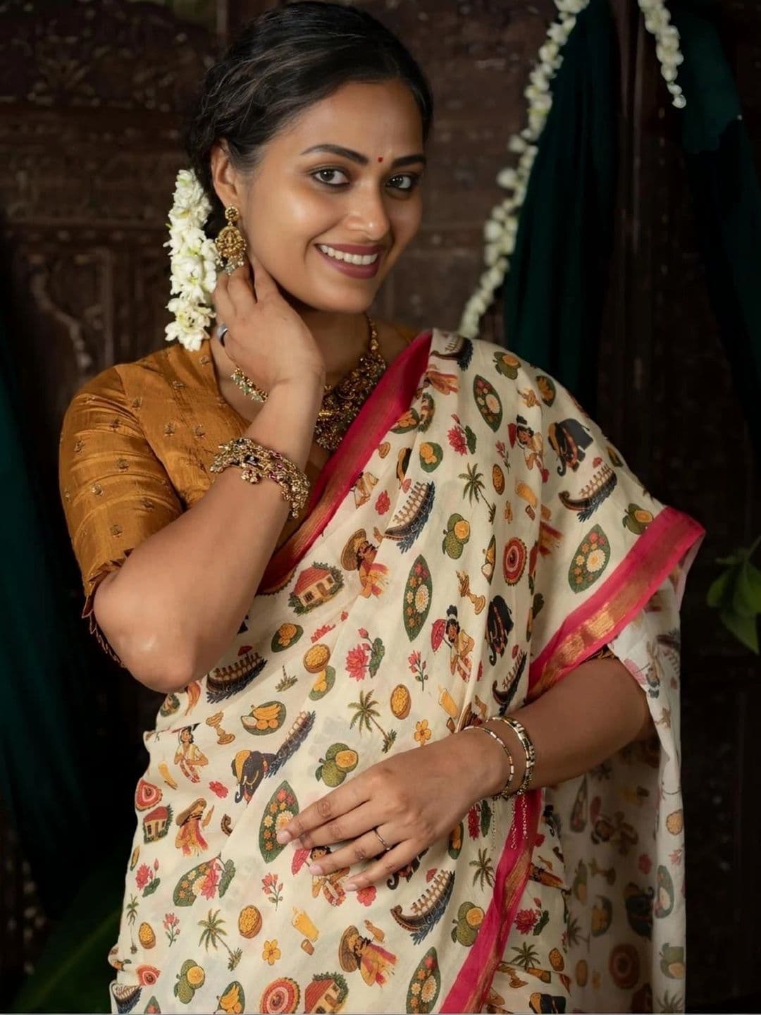 Sakhi Ethnic Wear Kalamkari Linen Blend Fusion Saree thumbnail 7