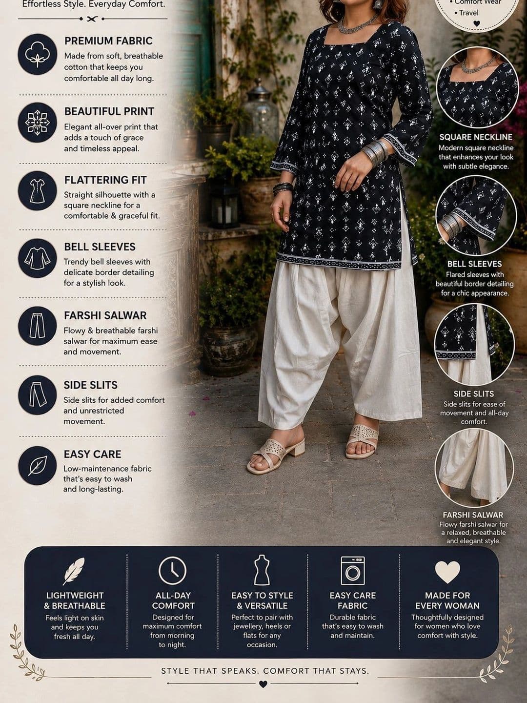 Sangria Women Printed Regular Pure Cotton Kurti with Farsi Salwar thumbnail 3