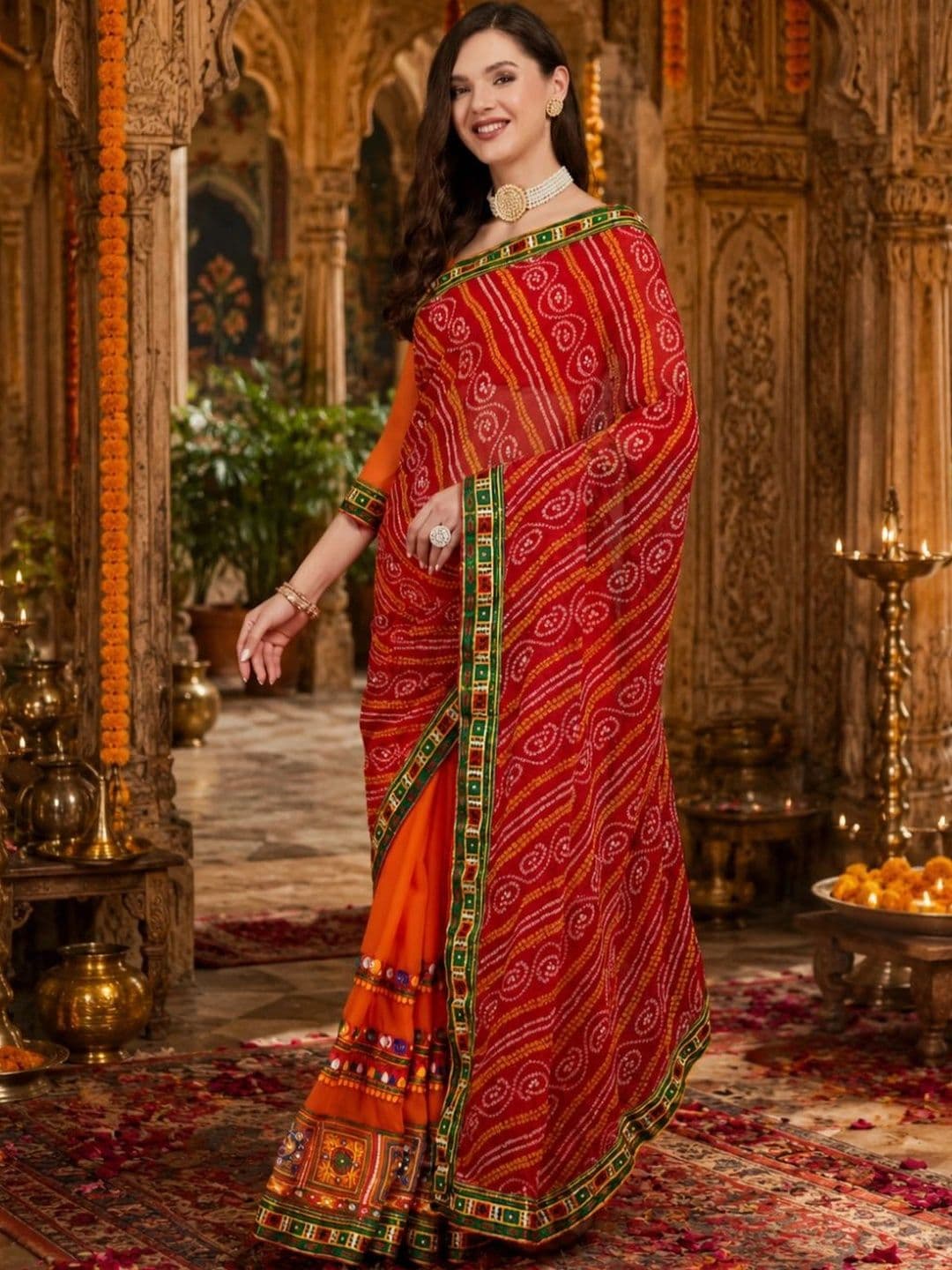 SERONA FABRICS Bandhani Embroidered Poly Georgette Half and Half Bandhani Saree thumbnail 5