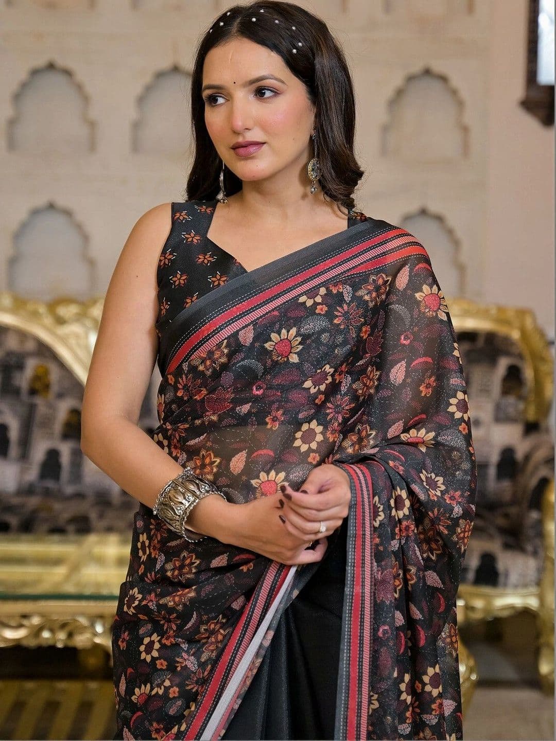 Mitera Floral Pure Georgette Saree thumbnail 6