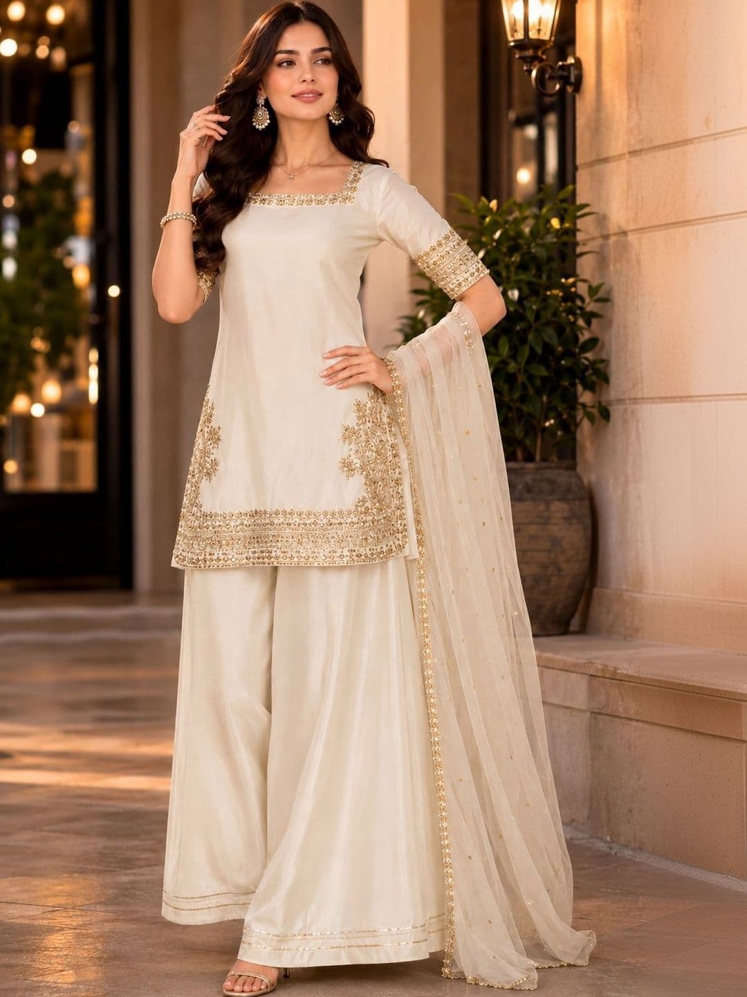 Sangria Women Ethnic Motifs Embroidered Regular Kurta with Palazzos & With Dupatta thumbnail 5