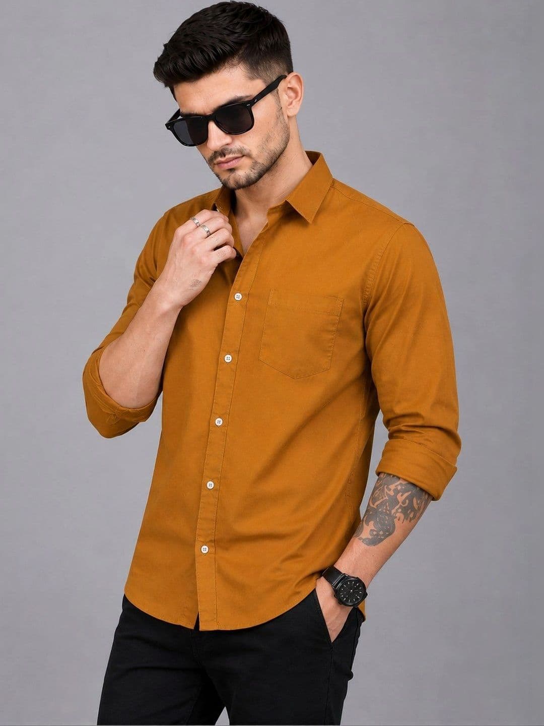 Roadster Men Mustard Solid Regular Fit Spread Collor Casual Shirt thumbnail 3