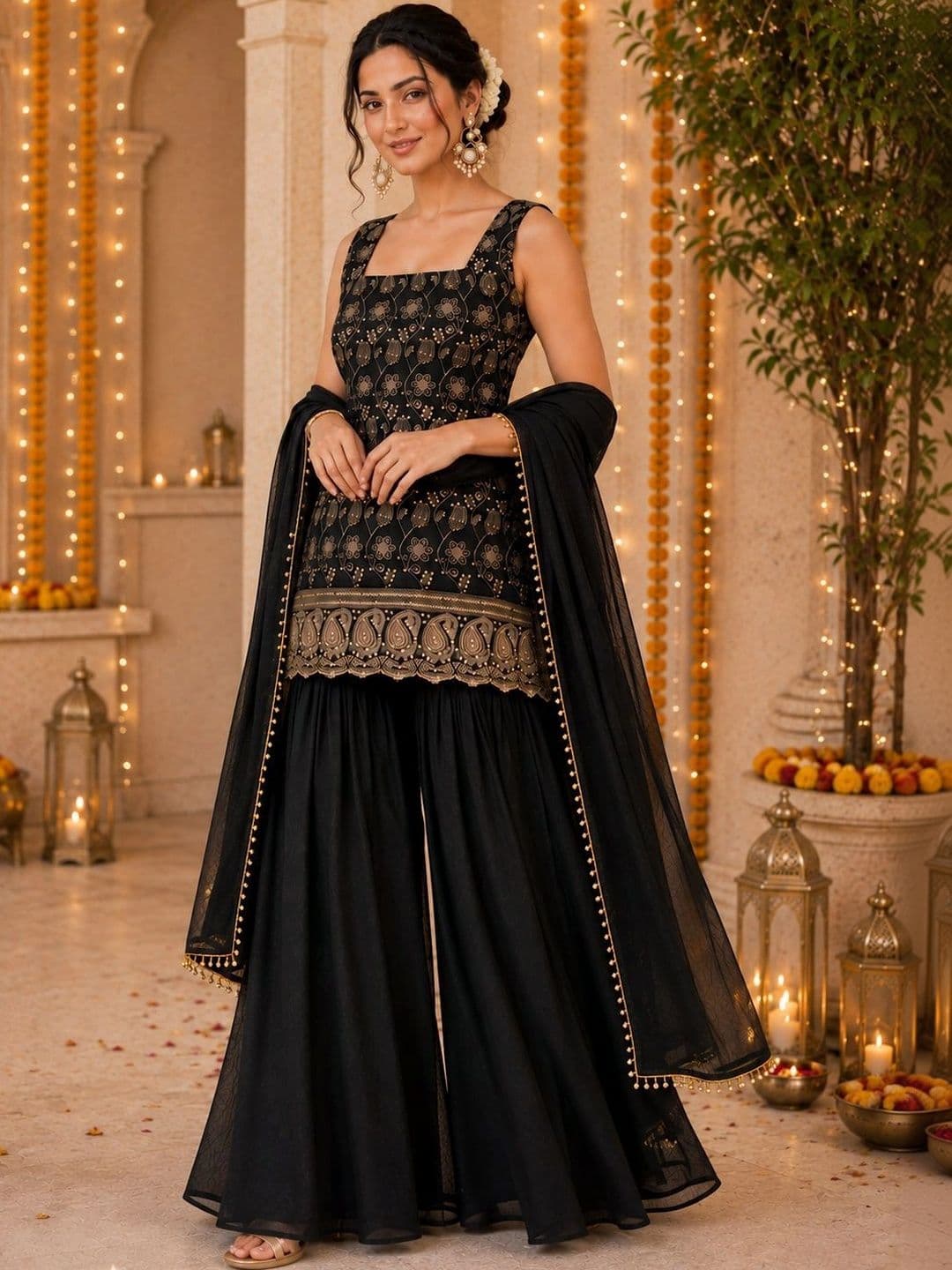 Sangria Women Ethnic Motifs Embroidered Regular Kurta with Sharara & With Dupatta thumbnail 2