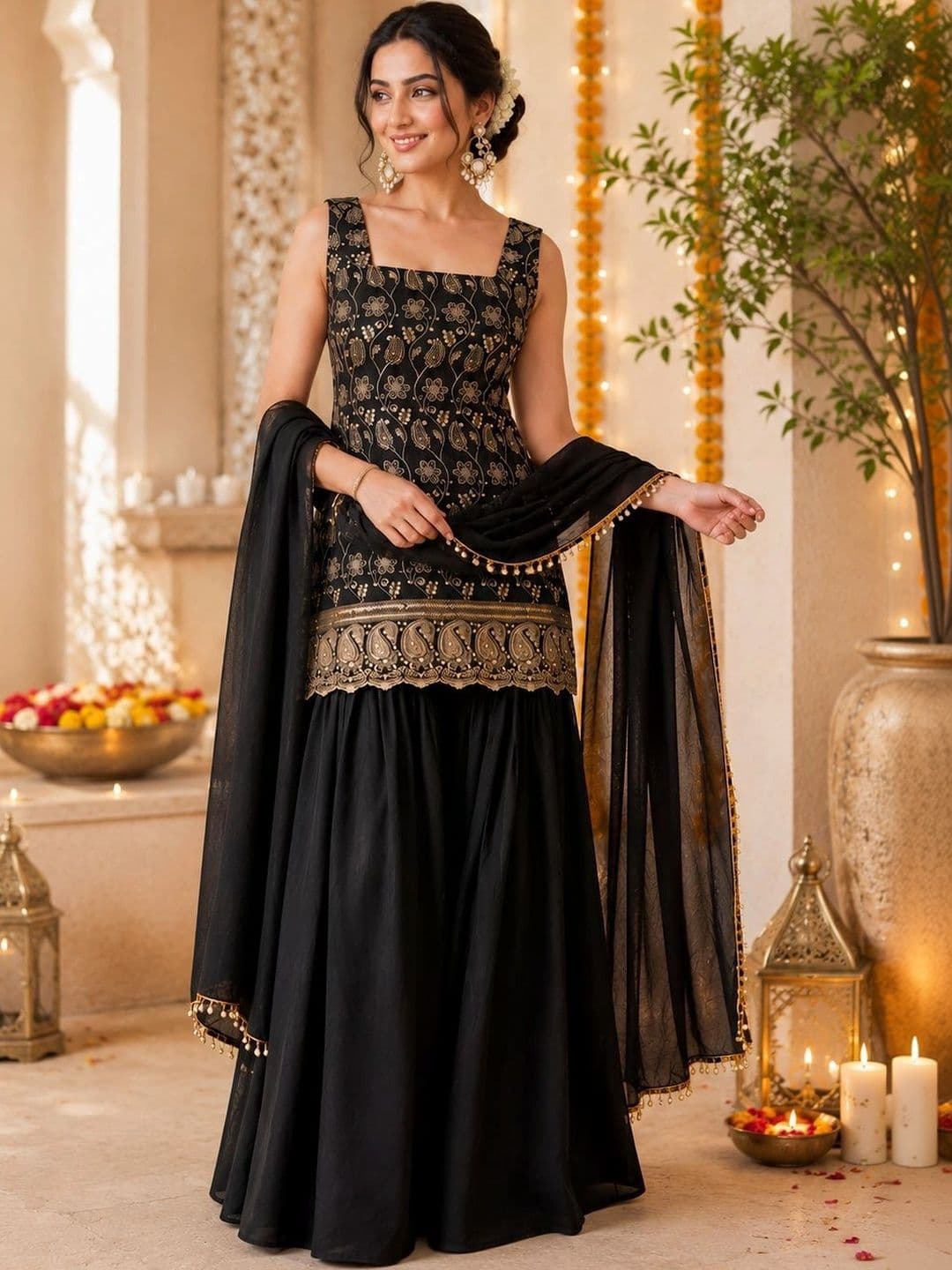 Sangria Women Ethnic Motifs Embroidered Regular Kurta with Sharara & With Dupatta - view 1