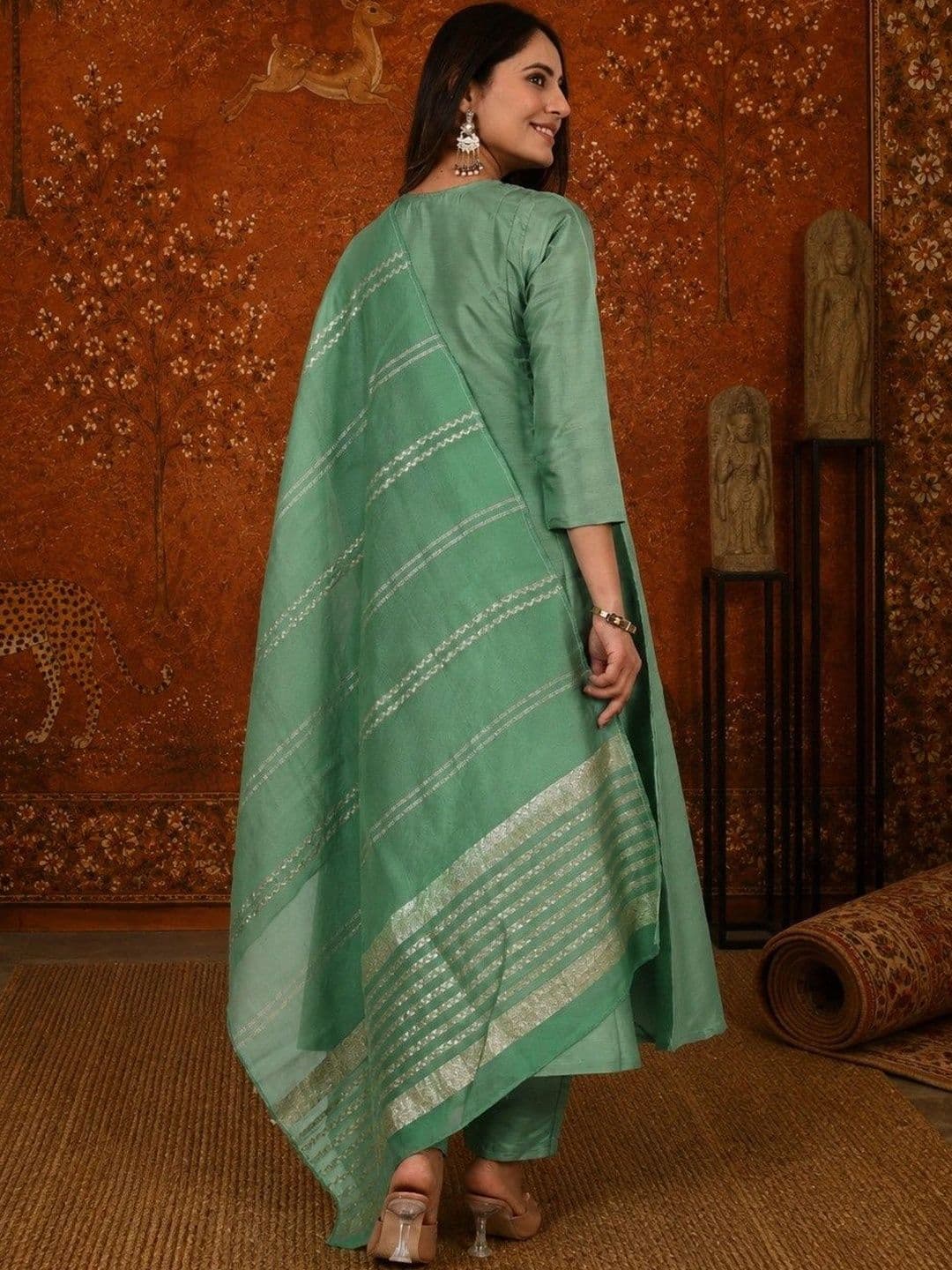 Sangria Women Floral Embroidered Empire Sequinned Kurta with Trousers & With Dupatta thumbnail 6