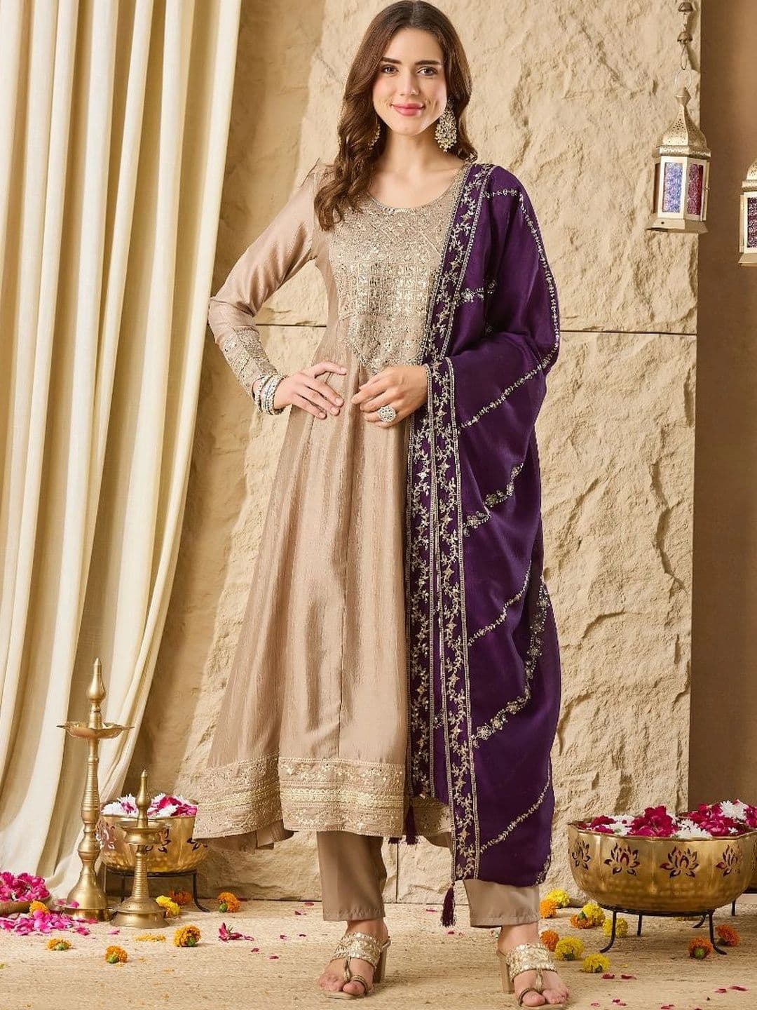 MOKOSH Women Ethnic Motifs Embroidered Empire Pure Silk Kurta with Trousers & With Dupatta - view 1