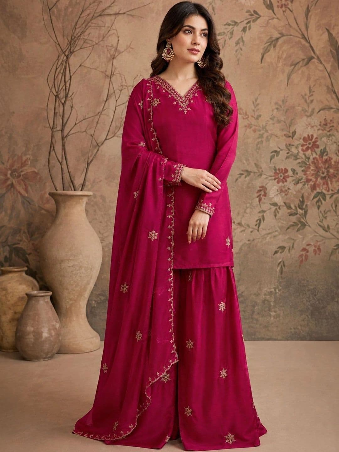 Sangria Women Ethnic Motifs Embroidered Regular Kurta with Sharara & With Dupatta - view 1