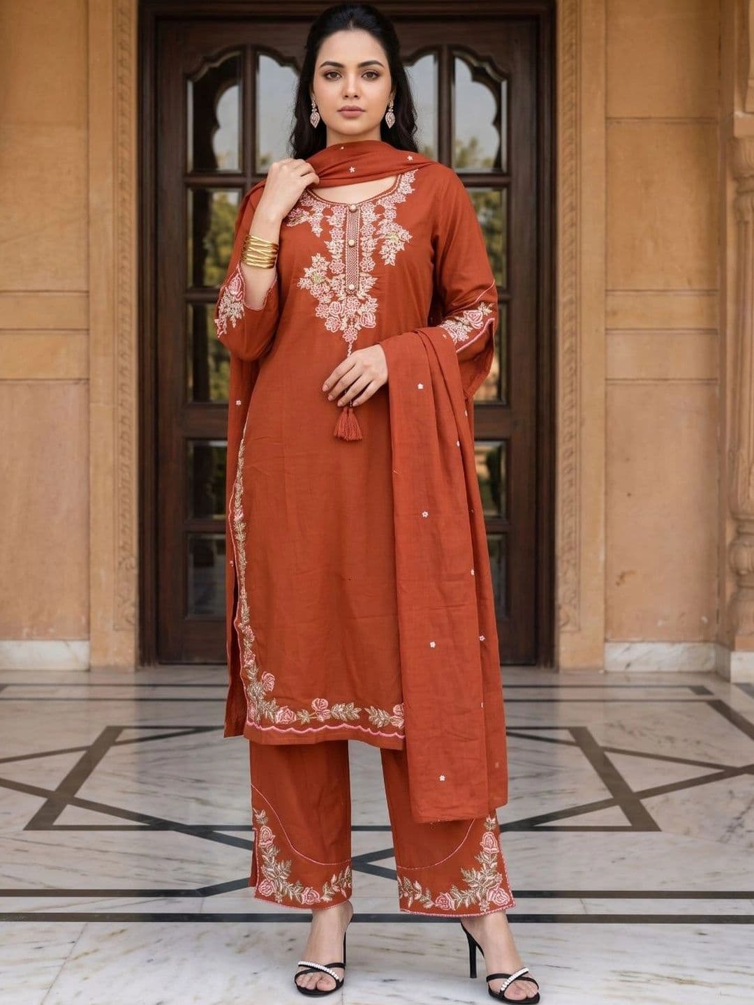 Varun Handicraft Women Regular Thread Work Pure Cotton Kurta with Palazzos & With Dupatta thumbnail 2