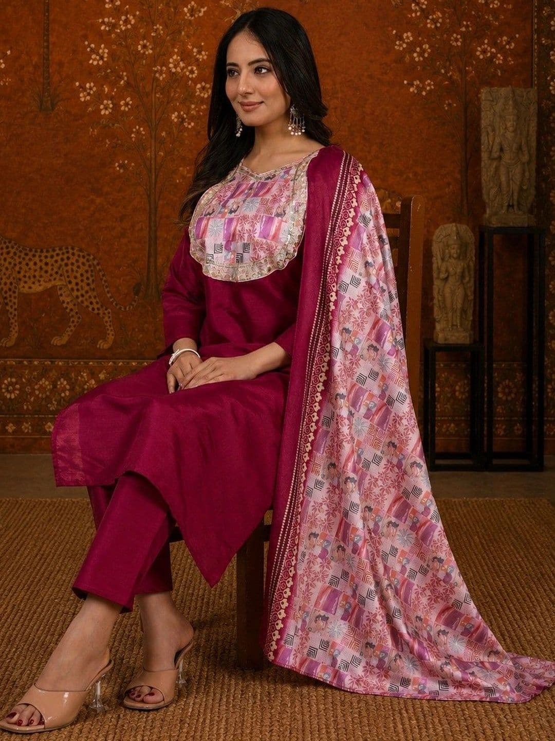 Sangria Women Ethnic Motifs Embroidered Regular Kurta with Trousers & With Dupatta thumbnail 5