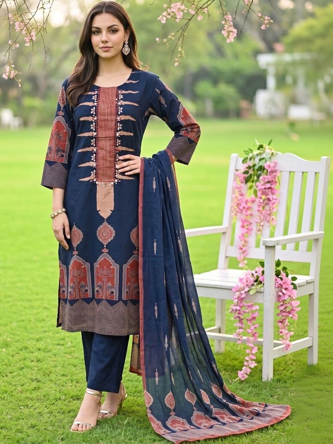 KALINI Women Ethnic Motifs Printed Regular Thread Work Pure Cotton Kurta with Palazzos & With Dupatta thumbnail 4