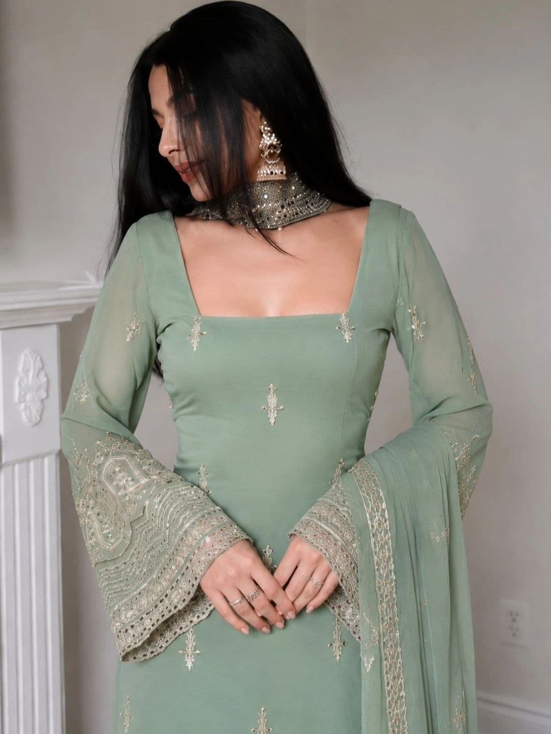 HERE&NOW Women Ethnic Motifs Embroidered Regular Thread Work Kurta with Trousers & With Dupatta thumbnail 5