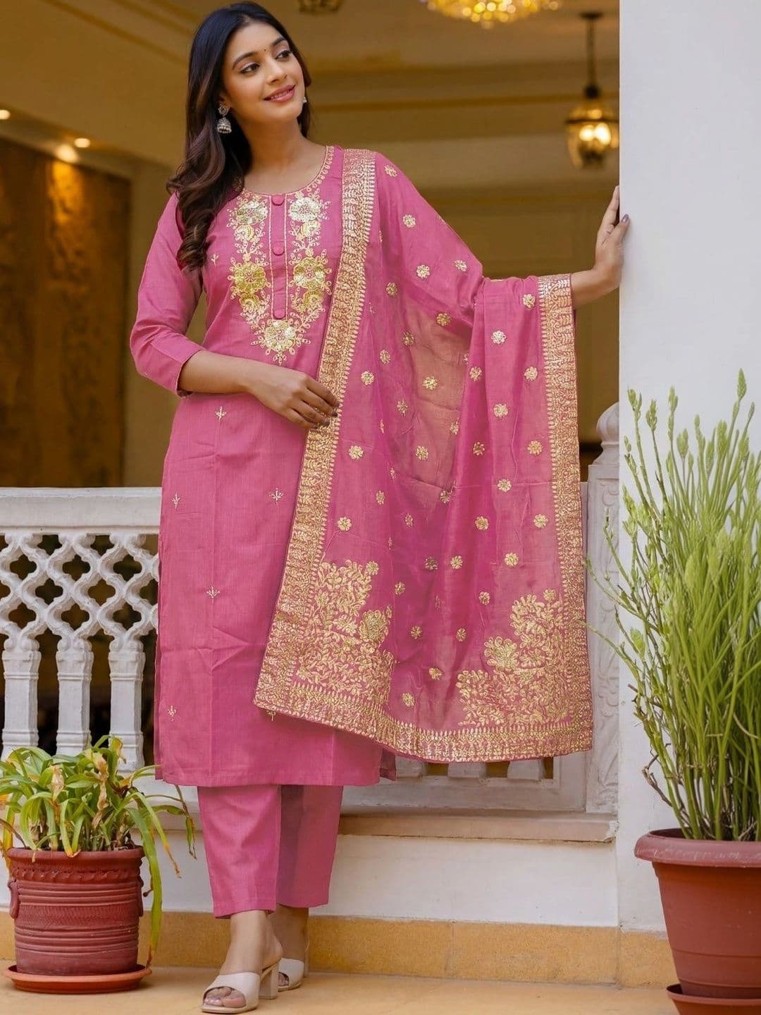 ANKHIR ERA Women Ethnic Motifs Embroidered Regular Kurta with Trousers & With Dupatta thumbnail 4