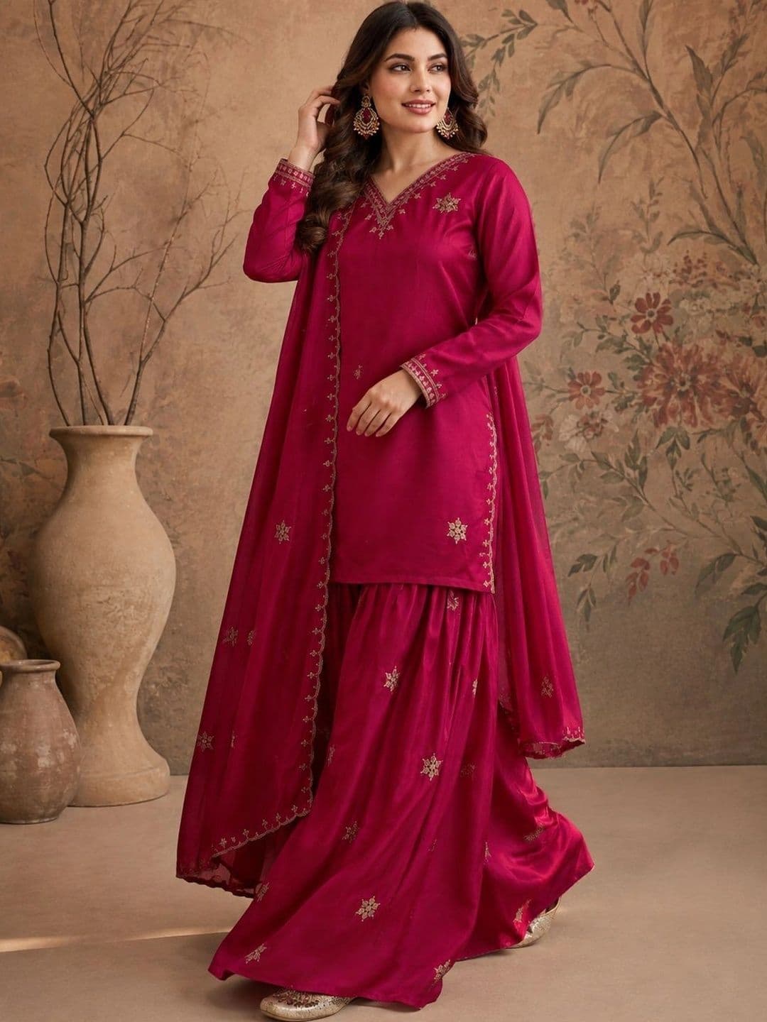 Sangria Women Ethnic Motifs Embroidered Regular Kurta with Sharara & With Dupatta thumbnail 6