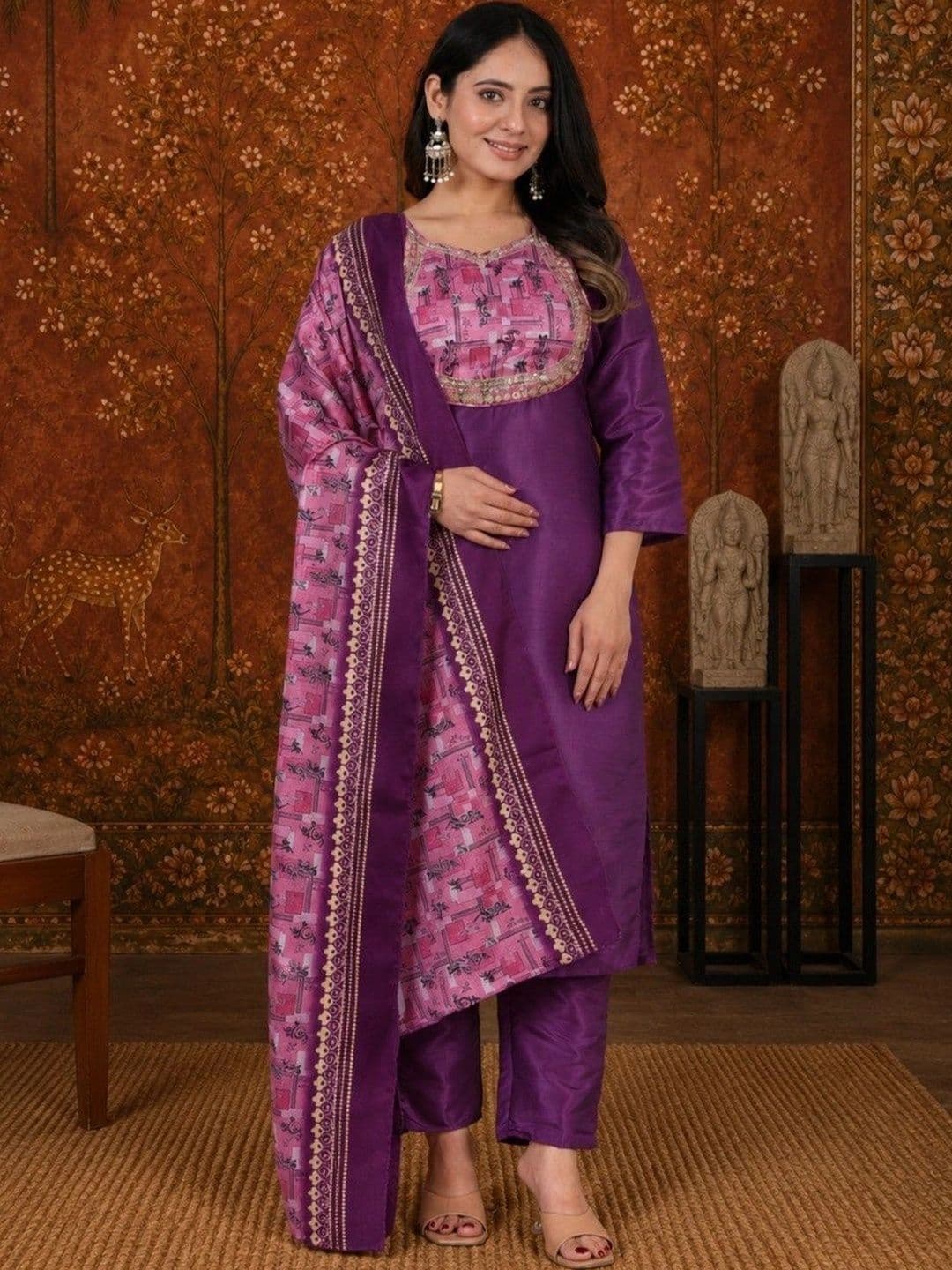 Sangria Women Printed Regular Kurta with Trousers & With Dupatta - view 1