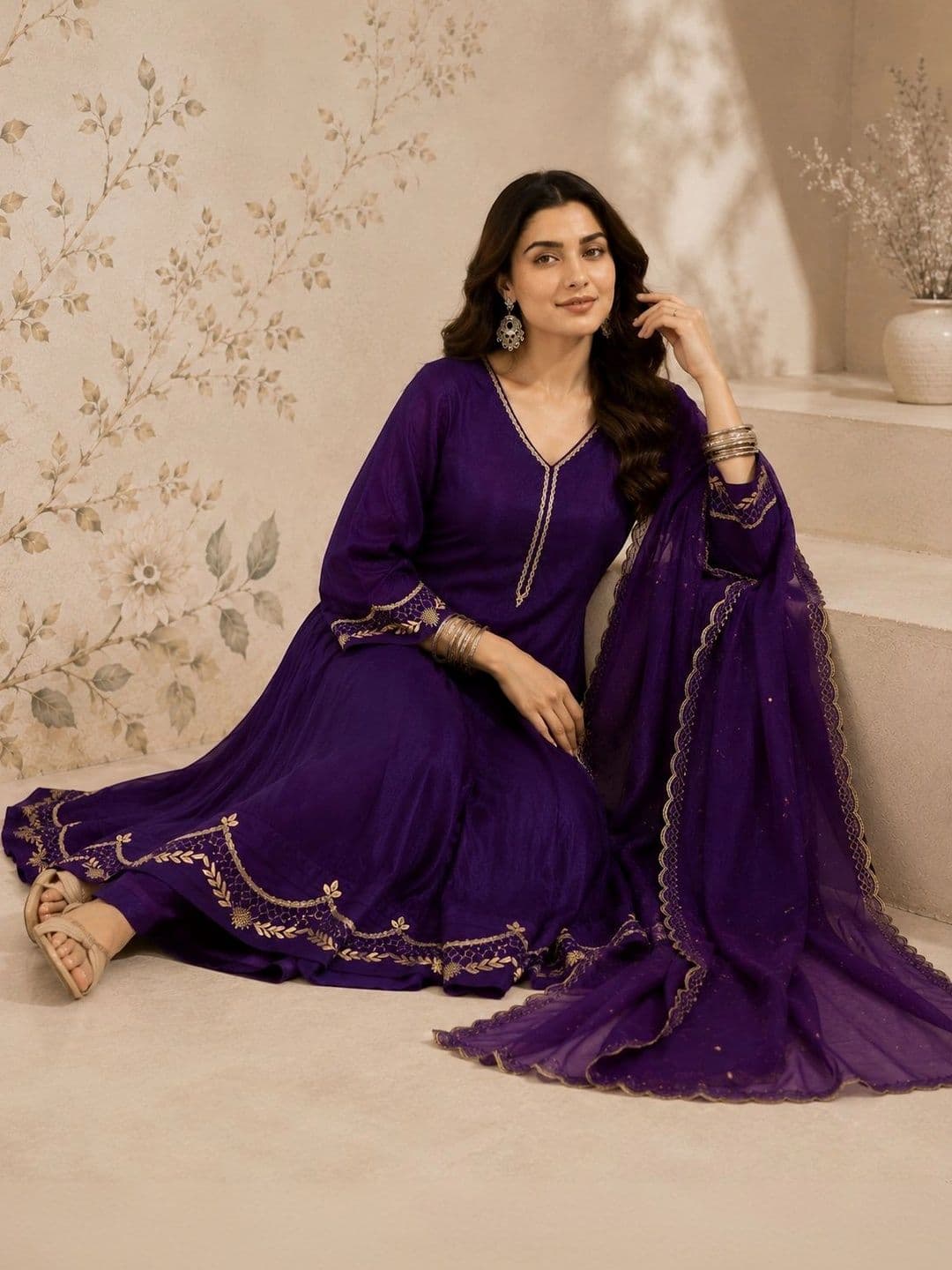 Sangria Women Ethnic Motifs Embroidered Regular Kurta with Trousers & With Dupatta thumbnail 4