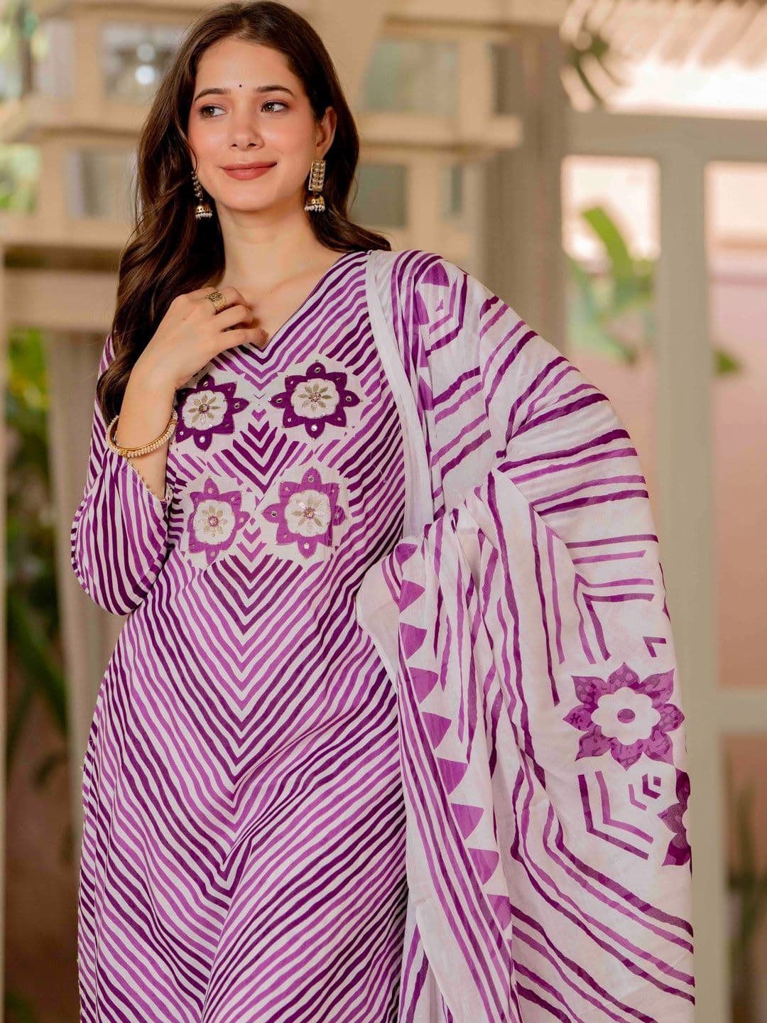JAIPUR SARAI Women Ethnic Motifs Striped Regular Sequinned Pure Cotton Kurta with Trousers & With Dupatta - view 1