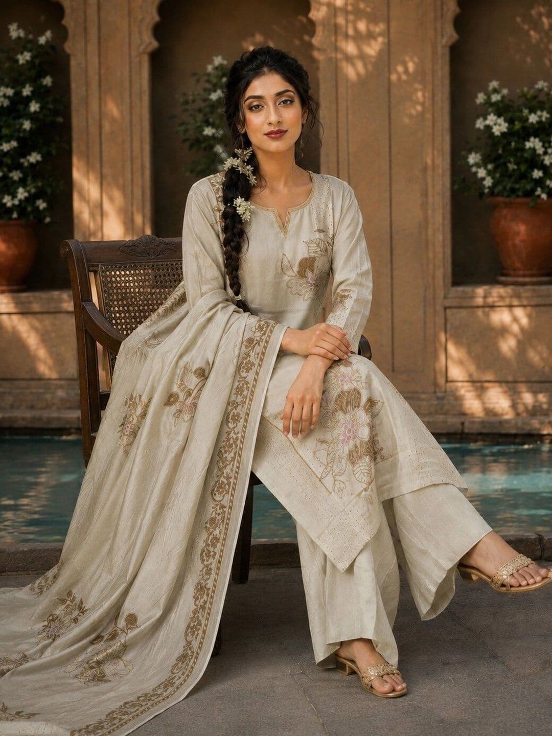 ETHONEA Women Floral Embroidered Regular Thread Work Pure Silk Kurta with Trousers & With Dupatta thumbnail 3