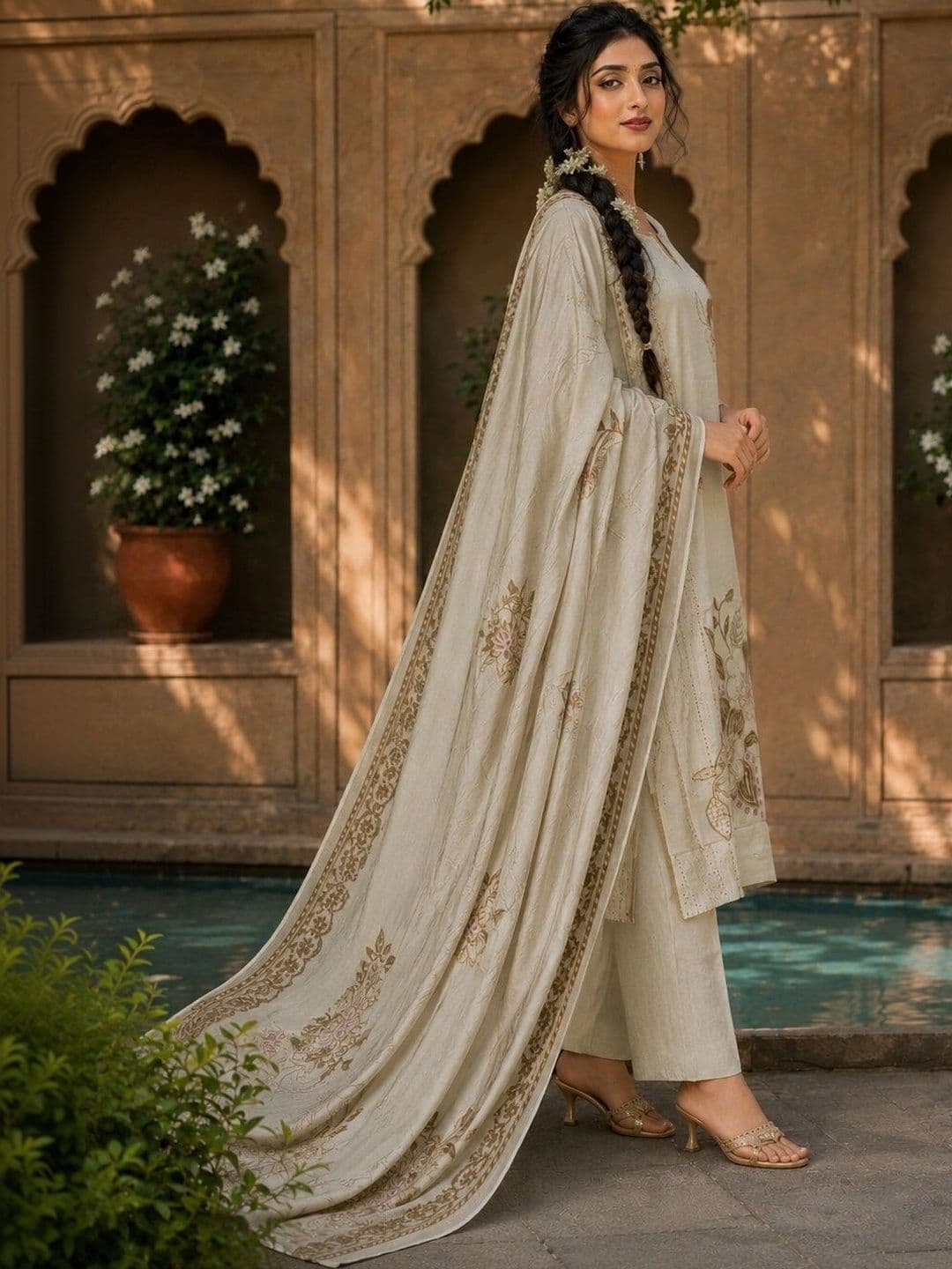 ETHONEA Women Floral Embroidered Regular Thread Work Pure Silk Kurta with Trousers & With Dupatta thumbnail 2