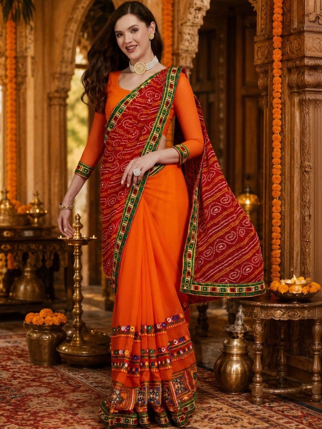 SERONA FABRICS Bandhani Embroidered Poly Georgette Half and Half Bandhani Saree - view 1